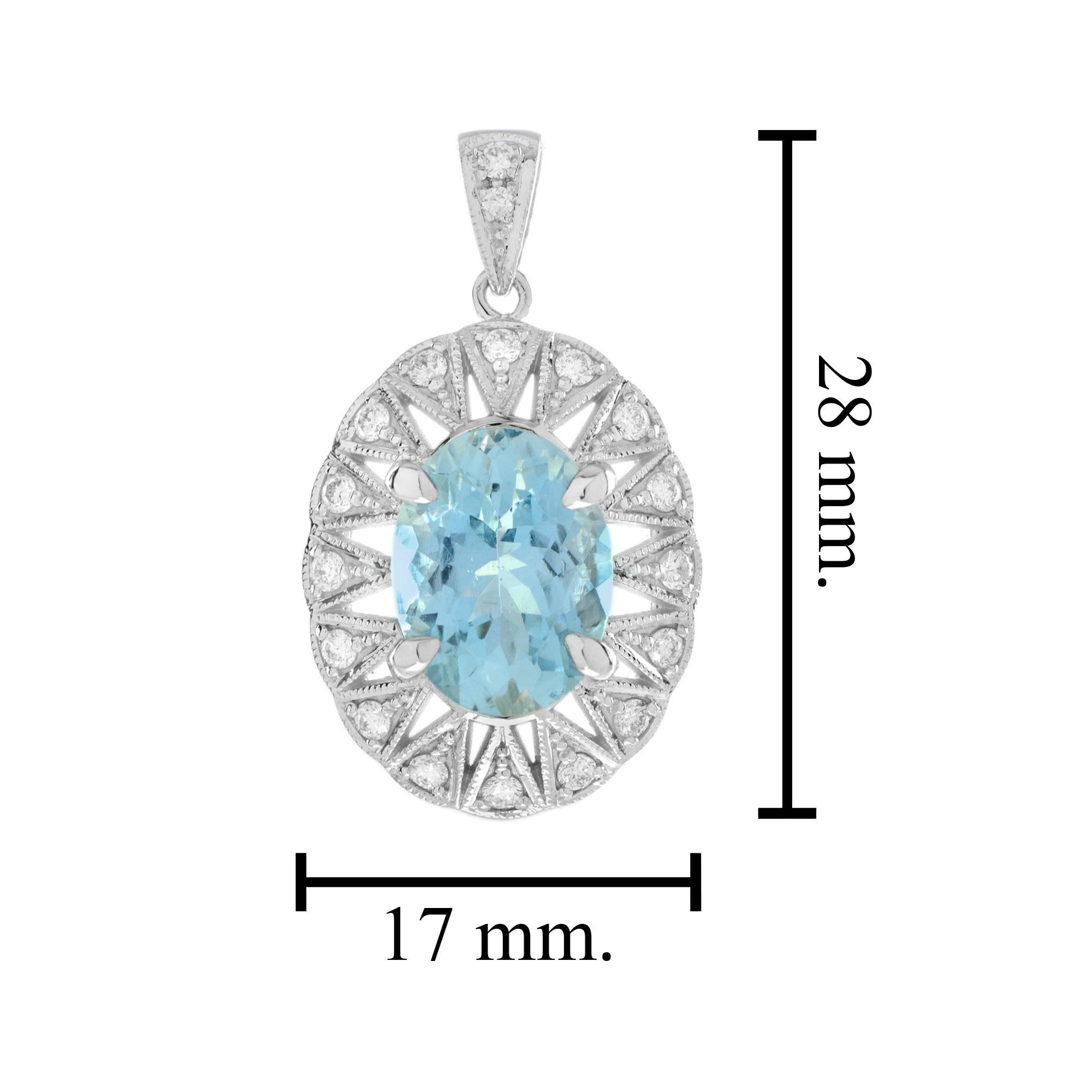 Aquamarine and Diamond Halo Classic Style Pendant in 18K White Gold In New Condition For Sale In Bangkok, TH