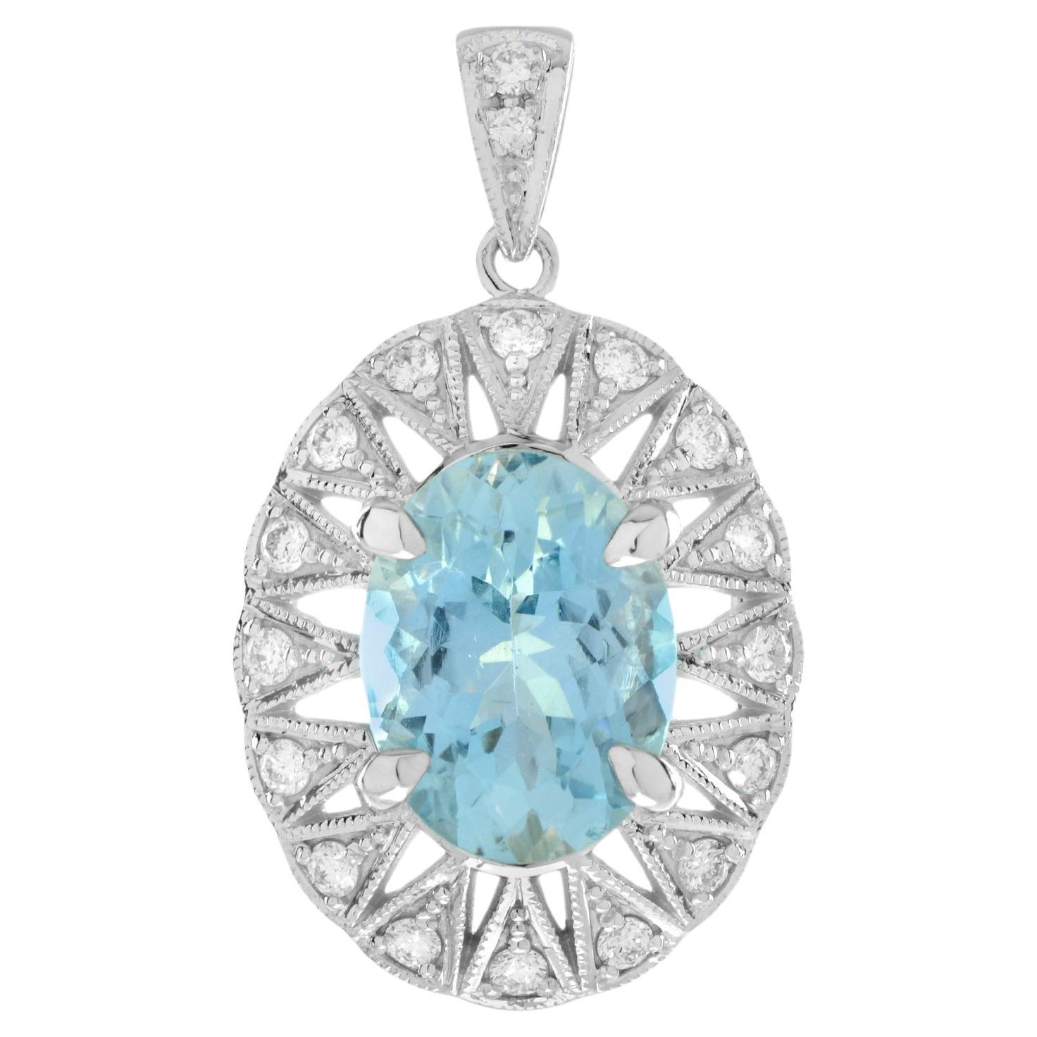 Aquamarine and Diamond Halo Classic Style Pendant in 18K White Gold For Sale