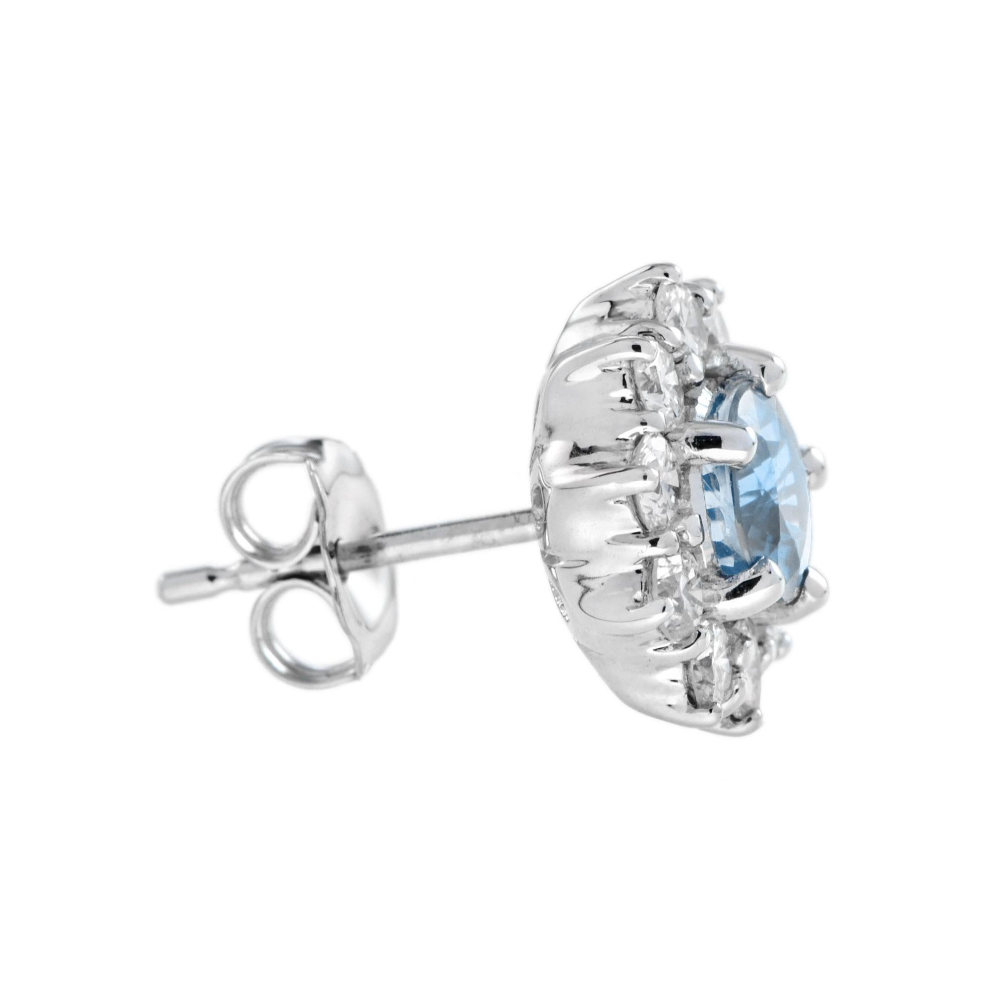 Art Deco Aquamarine and Diamond Halo Classic Style Stud Earrings in 18K White Gold For Sale