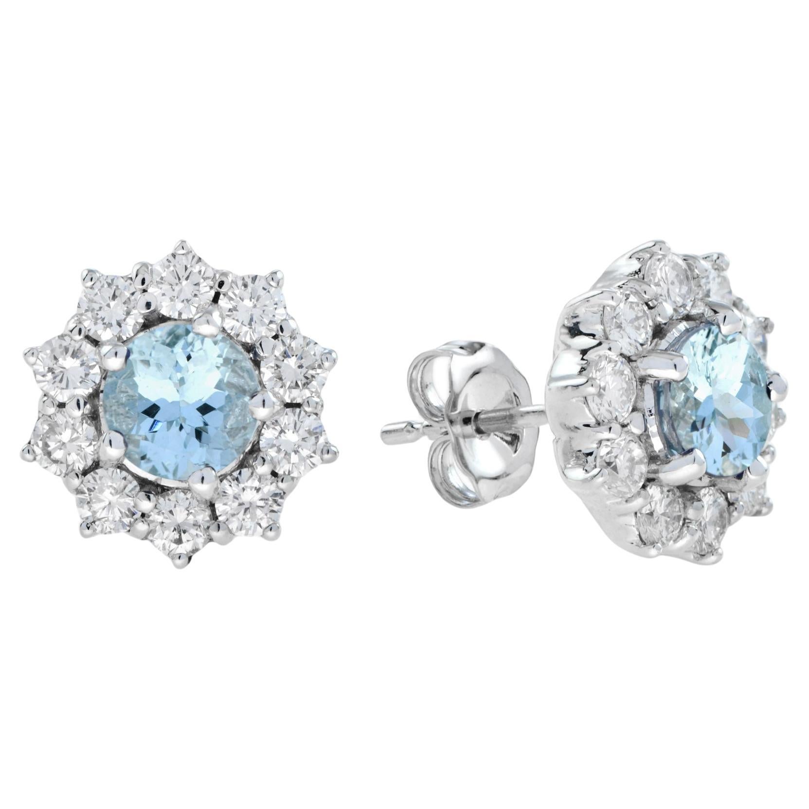 Aquamarine and Diamond Halo Classic Style Stud Earrings in 18K White Gold For Sale