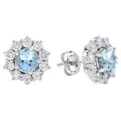 Boucles d'oreilles aigue-marine et diamant en or blanc 18 carats, style Classic