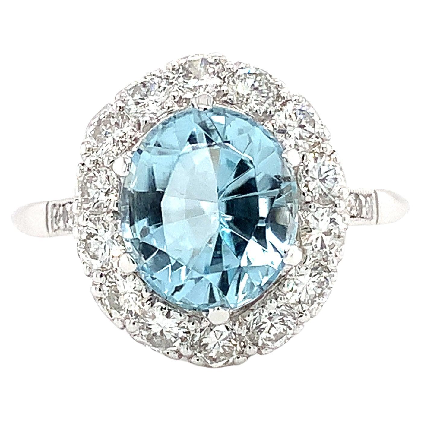 Aquamarine and diamond halo cluster art deco cocktail ring platinum