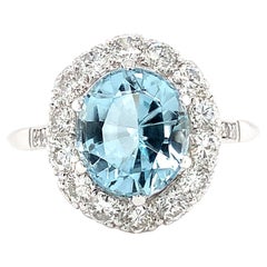 Antique Aquamarine and diamond halo cluster art deco cocktail ring platinum