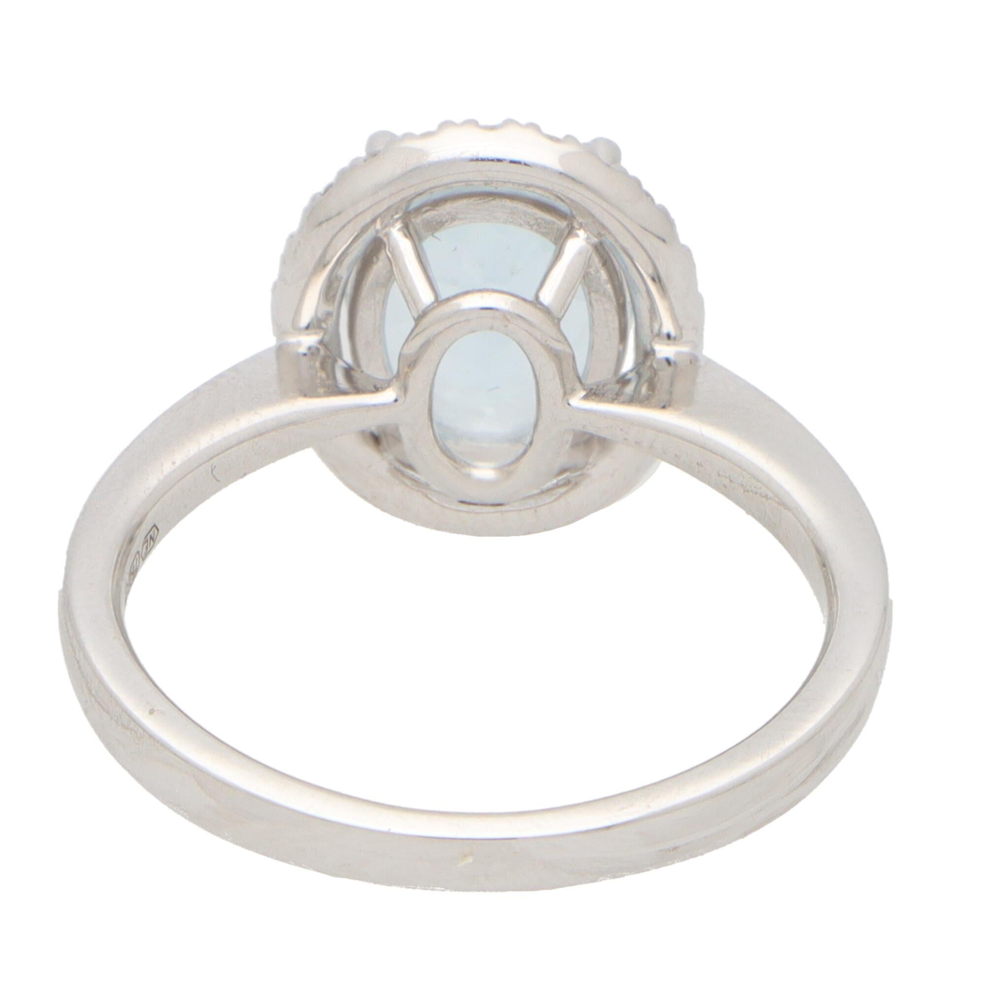 Women's or Men's Aquamarine and Diamond Halo Cluster Ring Set in 18k White Gold