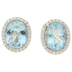 Aquamarine and Diamond Halo Cluster Stud Earrings Set in 18 Karat White Gold