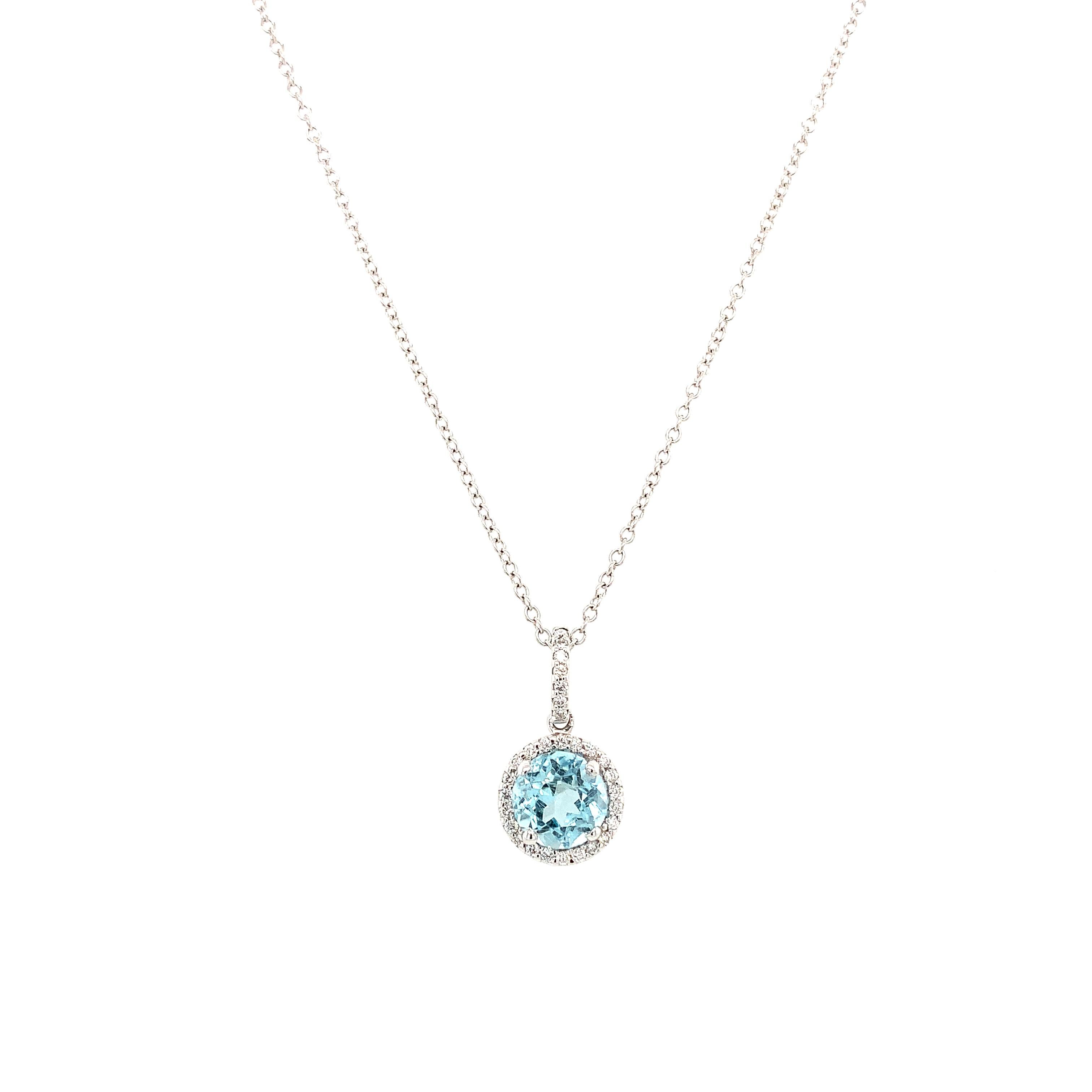 Art Deco Aquamarine and diamond halo drop pendant necklace 18k white gold For Sale
