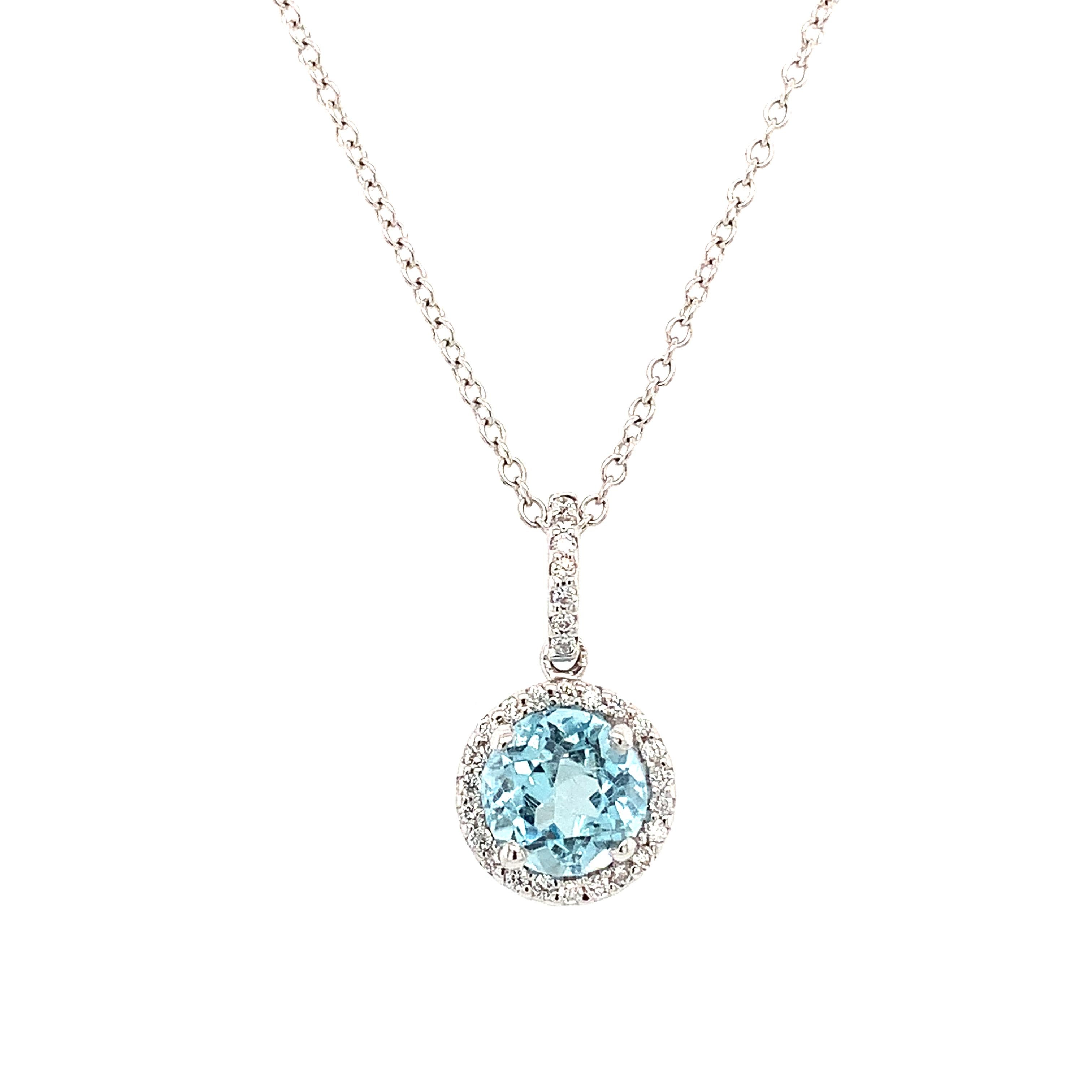 Round Cut Aquamarine and diamond halo drop pendant necklace 18k white gold For Sale