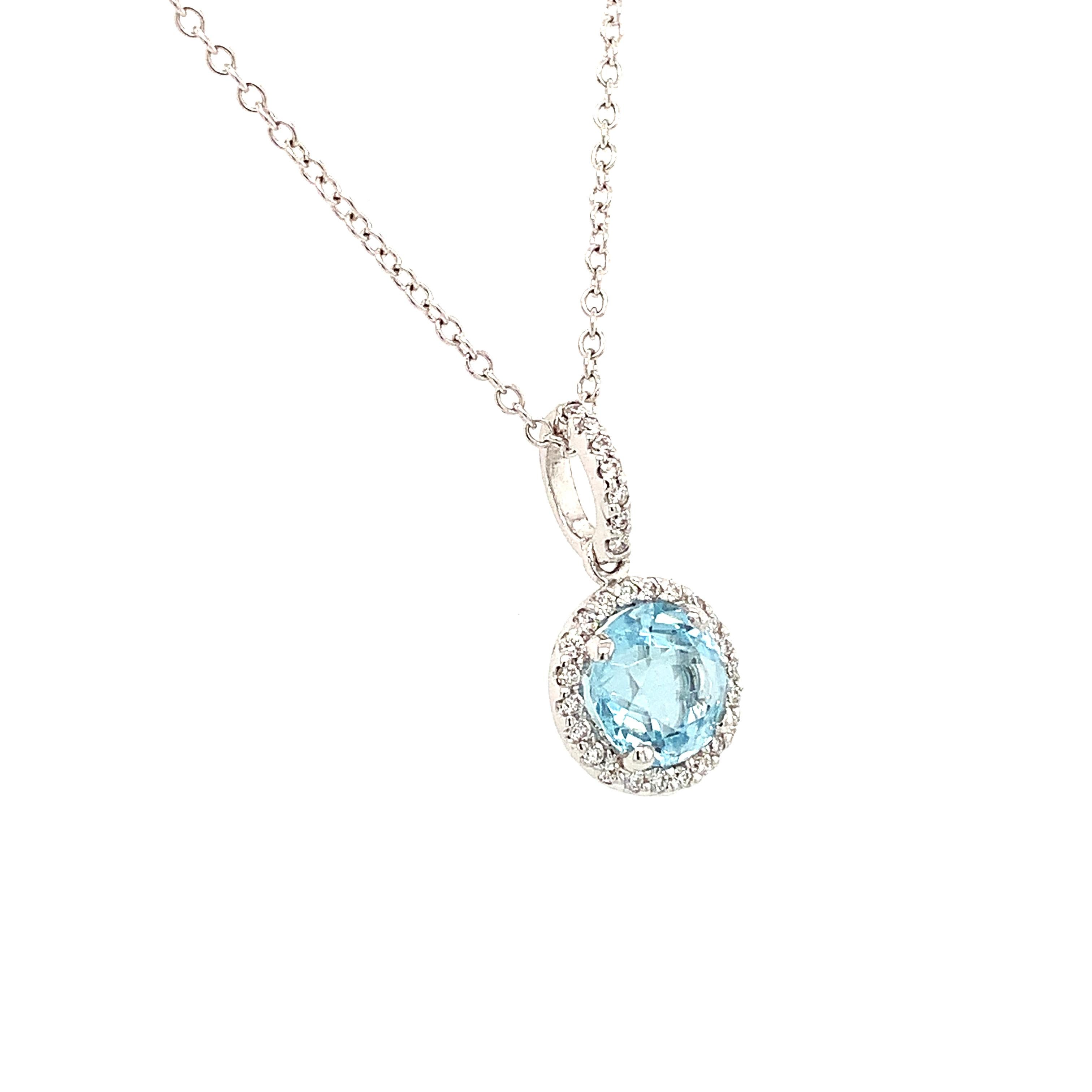 Women's Aquamarine and diamond halo drop pendant necklace 18k white gold For Sale