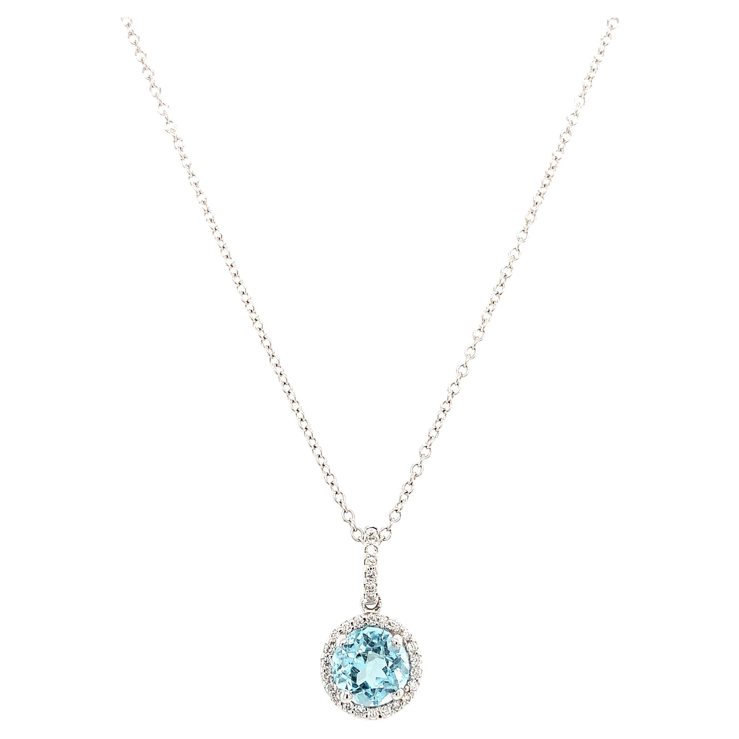 Aquamarine and diamond halo drop pendant necklace 18k white gold