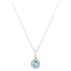 Aquamarine and diamond halo drop pendant necklace 18k white gold