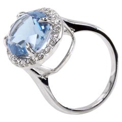 Aquamarine And Diamond Halo Ring-OVAL Shape-18K White Gold-GIA Certified