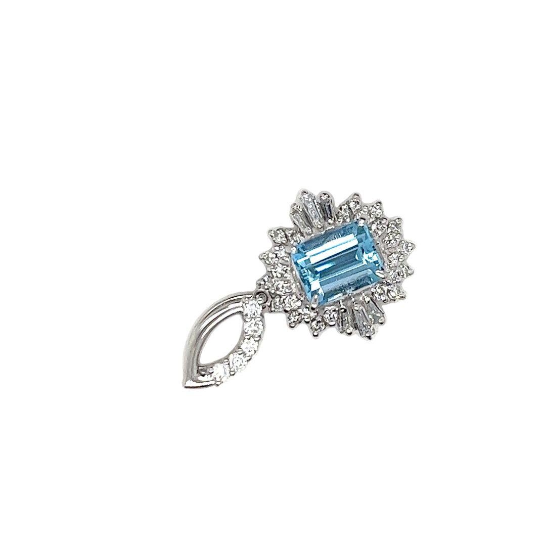 Emerald Cut Aquamarine and Diamond Halo Pendant in Platinum For Sale