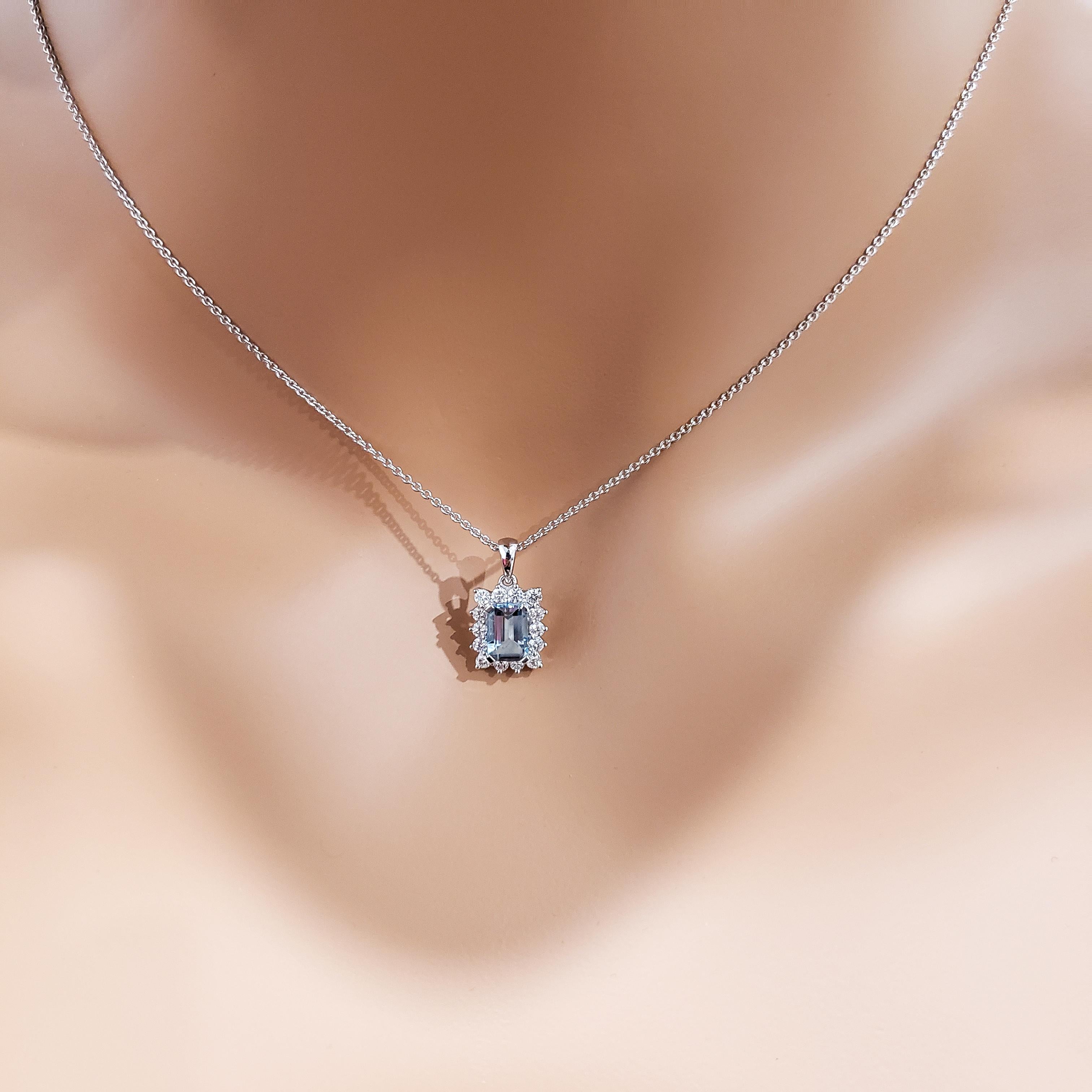 Emerald Cut Roman Malakov Aquamarine and Diamond Halo Pendant Necklace