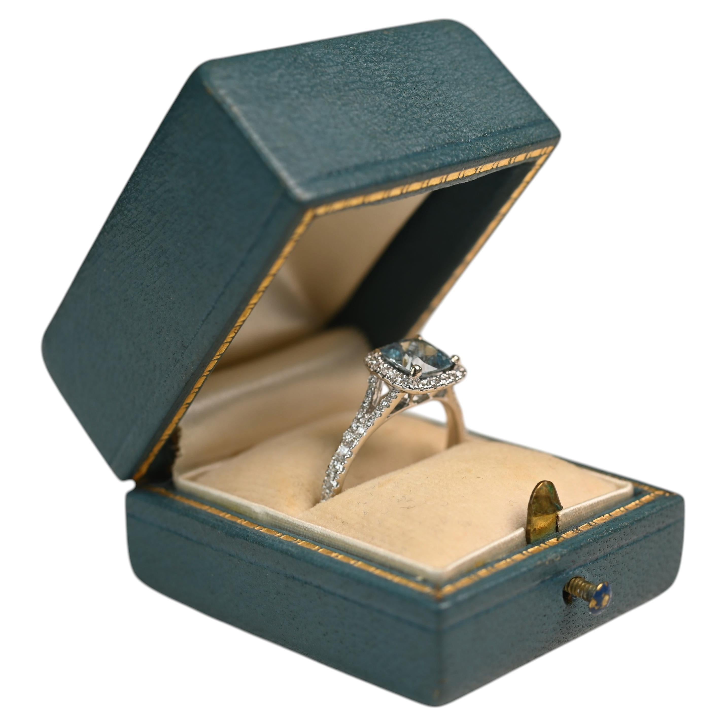Aquamarine and Diamond Halo Ring. 1ct Cushion Cut Aquamarine 18K White Gold