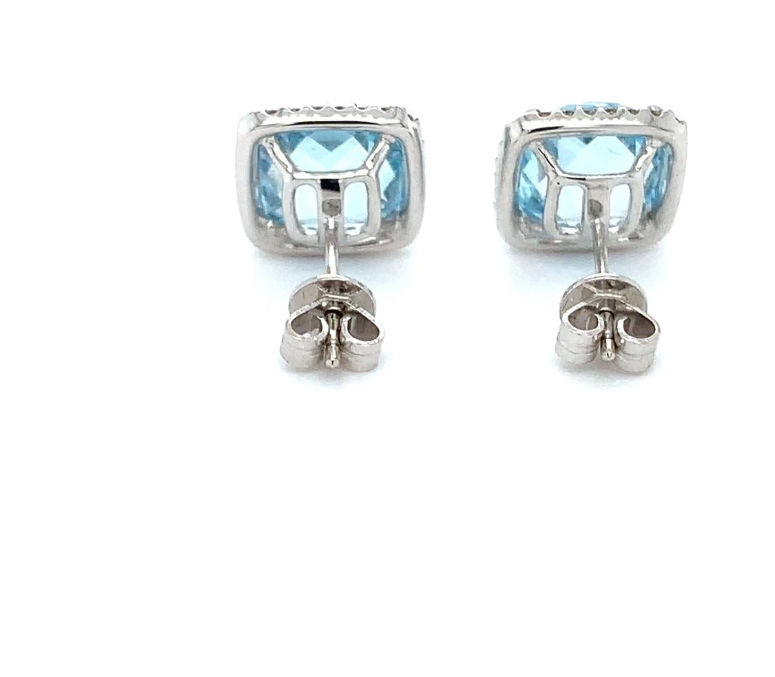 Cushion Cut Aquamarine and diamond halo stud earrings 18ct white gold For Sale