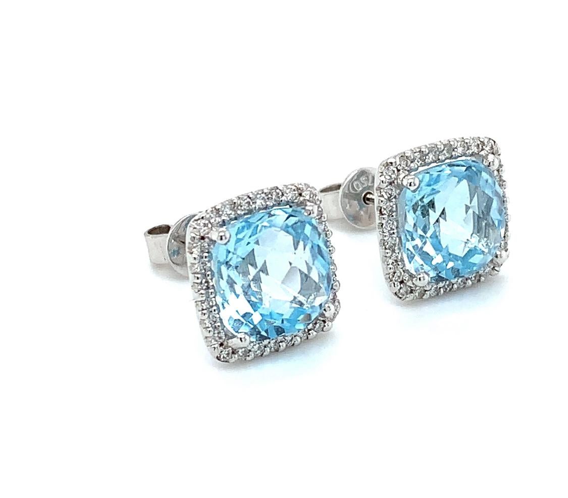 Women's Aquamarine and diamond halo stud earrings 18ct white gold For Sale