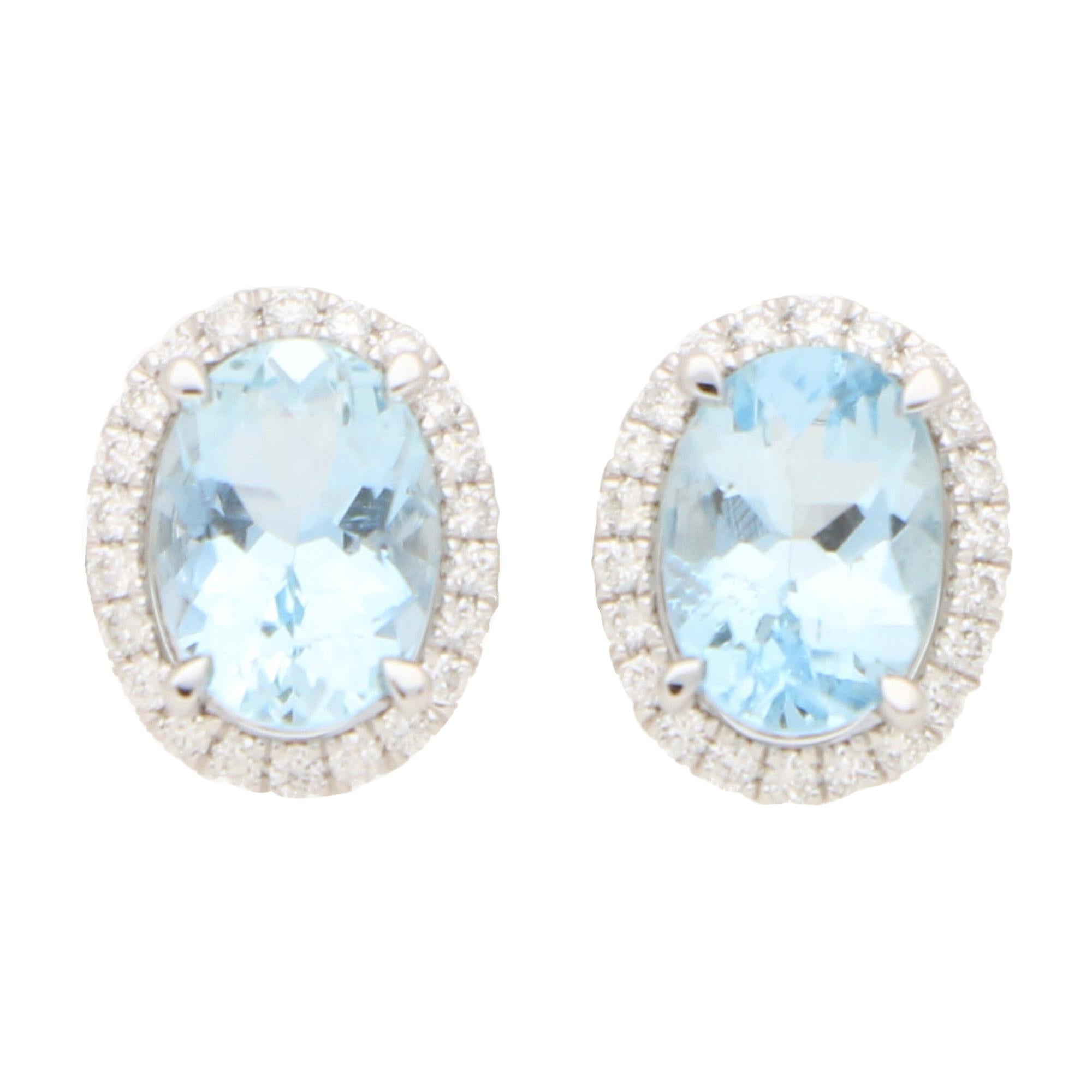 Aquamarine and Diamond Halo Stud Earrings Set in 18k White Gold