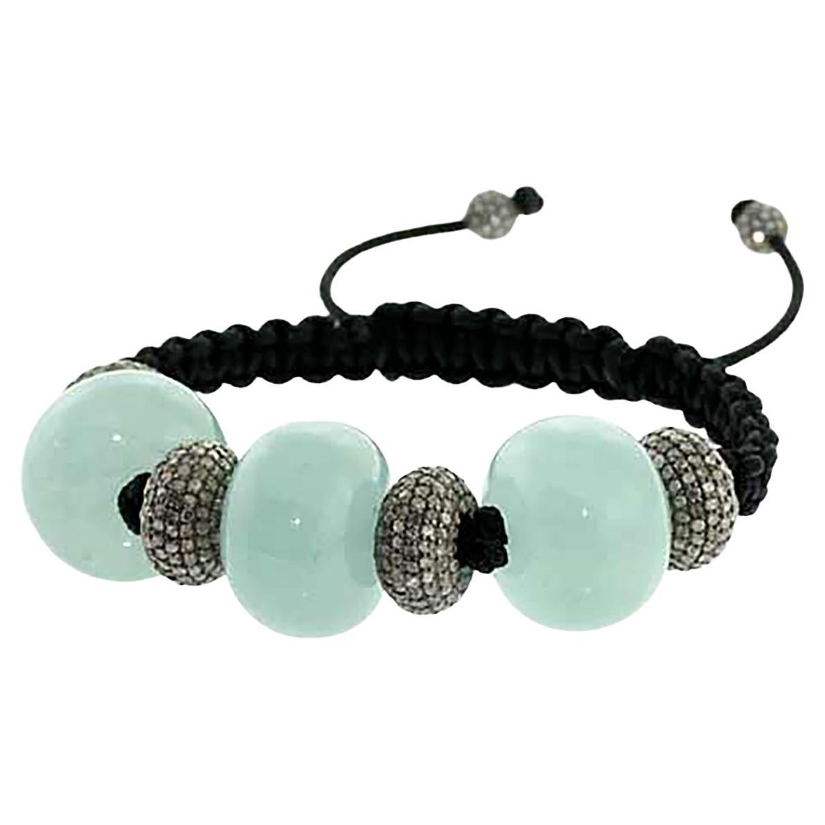 Aquamarine and Diamond Macramé Adjustable Bracelet For Sale
