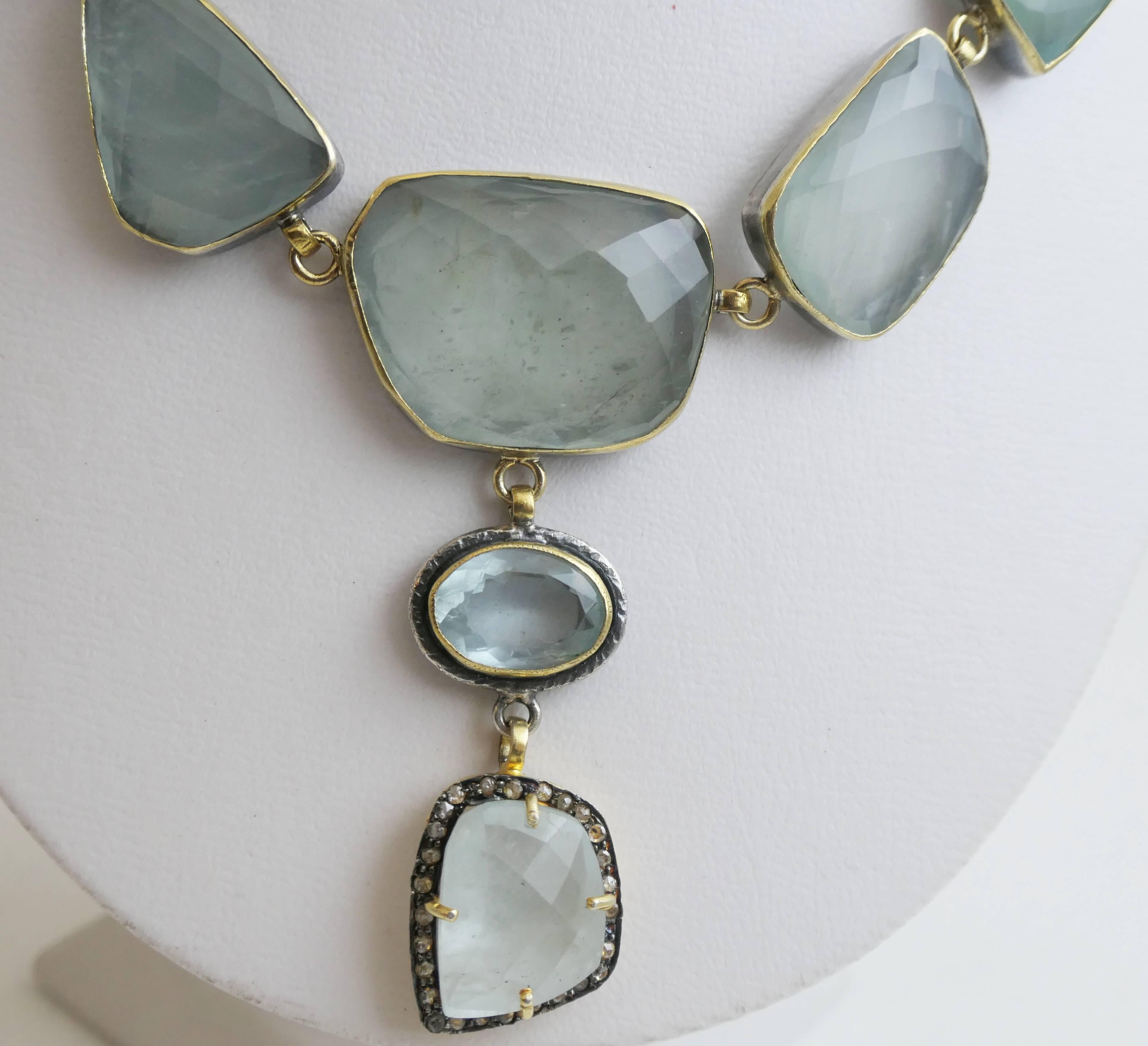 Artisan Aquamarine and Diamond Mixed Metal Sterling Silver Statement Necklace For Sale