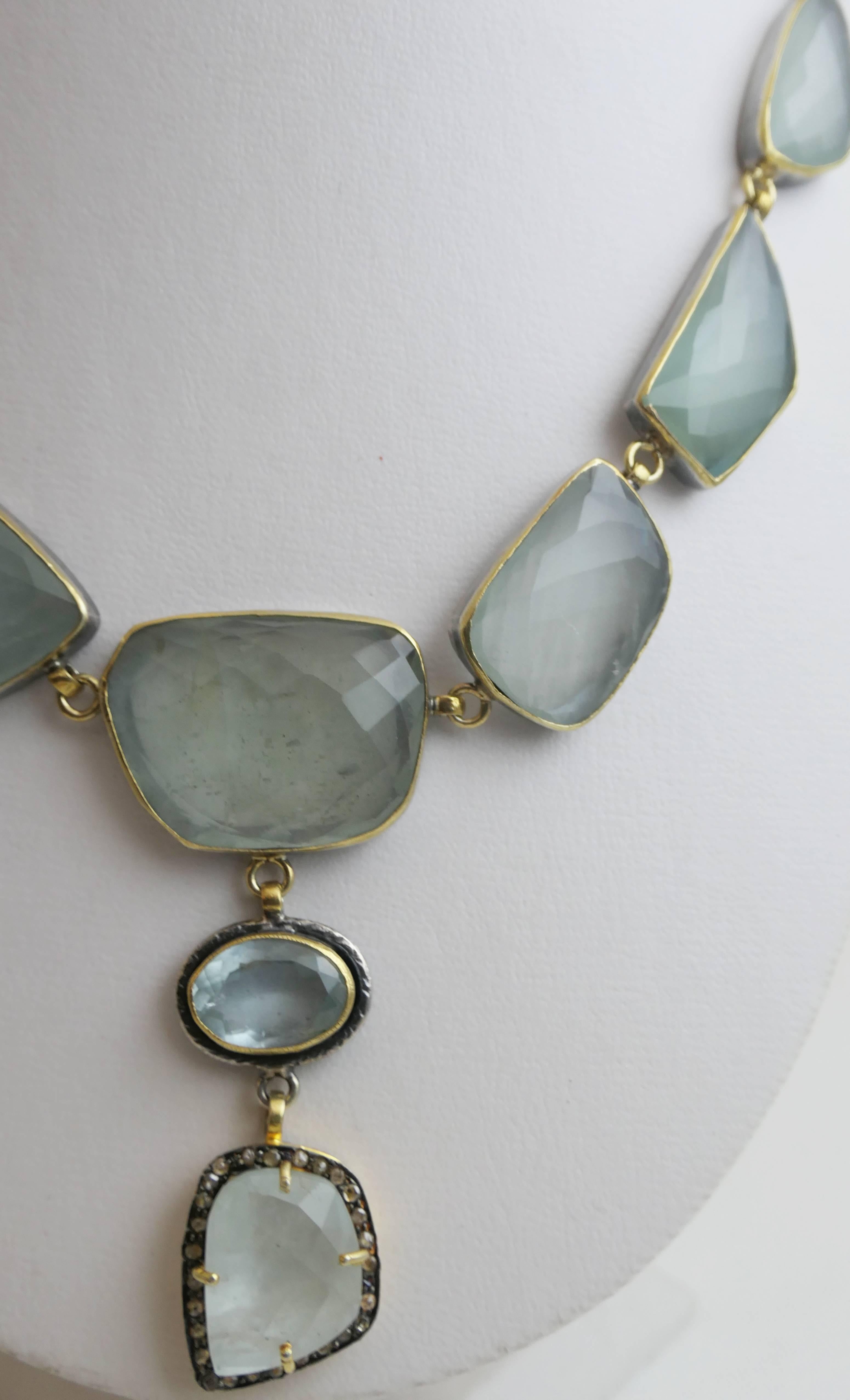 Aquamarine and Diamond Mixed Metal Sterling Silver Statement Necklace In New Condition For Sale In Oslo, 03