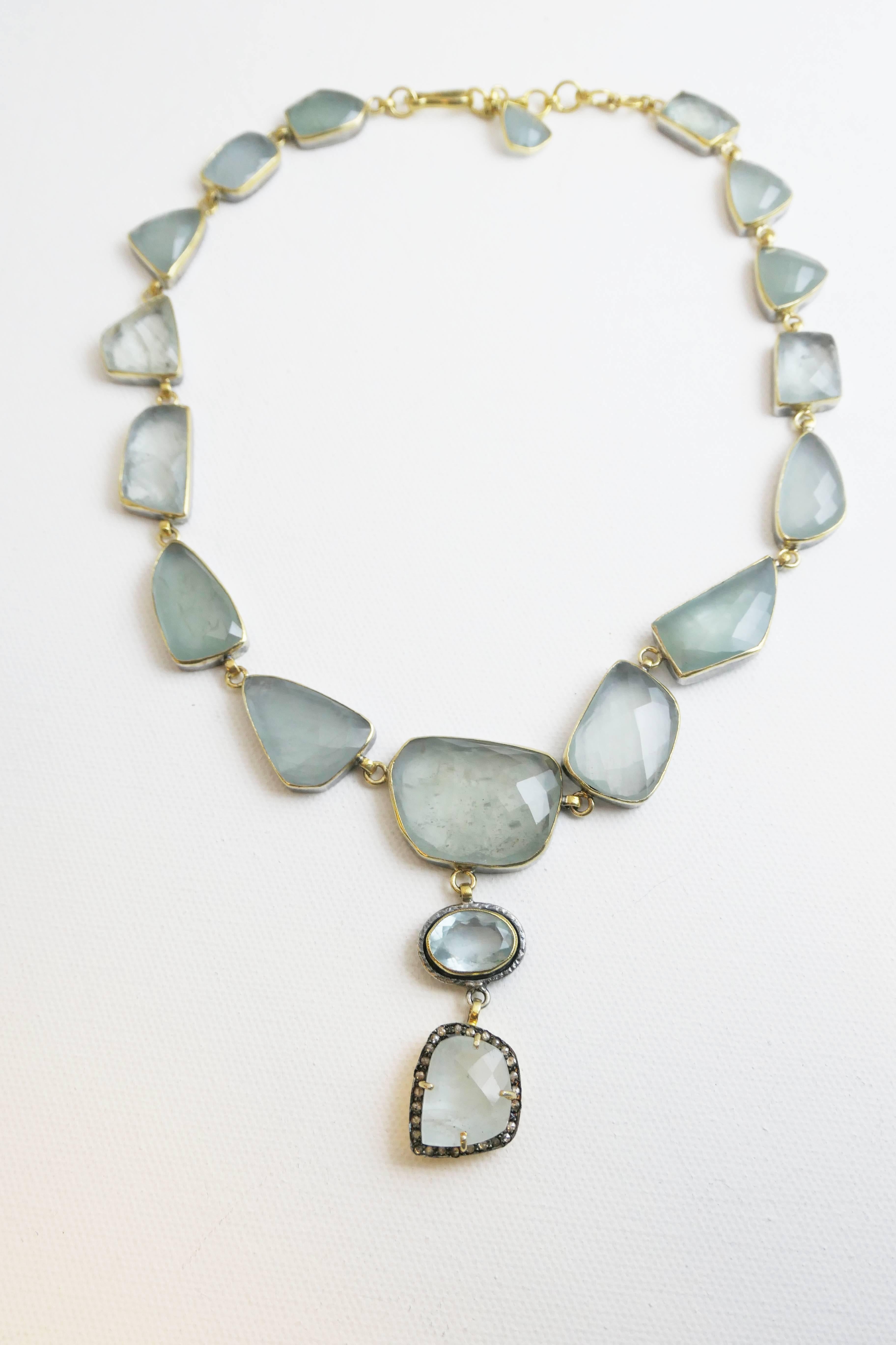 Aquamarine and Diamond Mixed Metal Sterling Silver Statement Necklace For Sale 1
