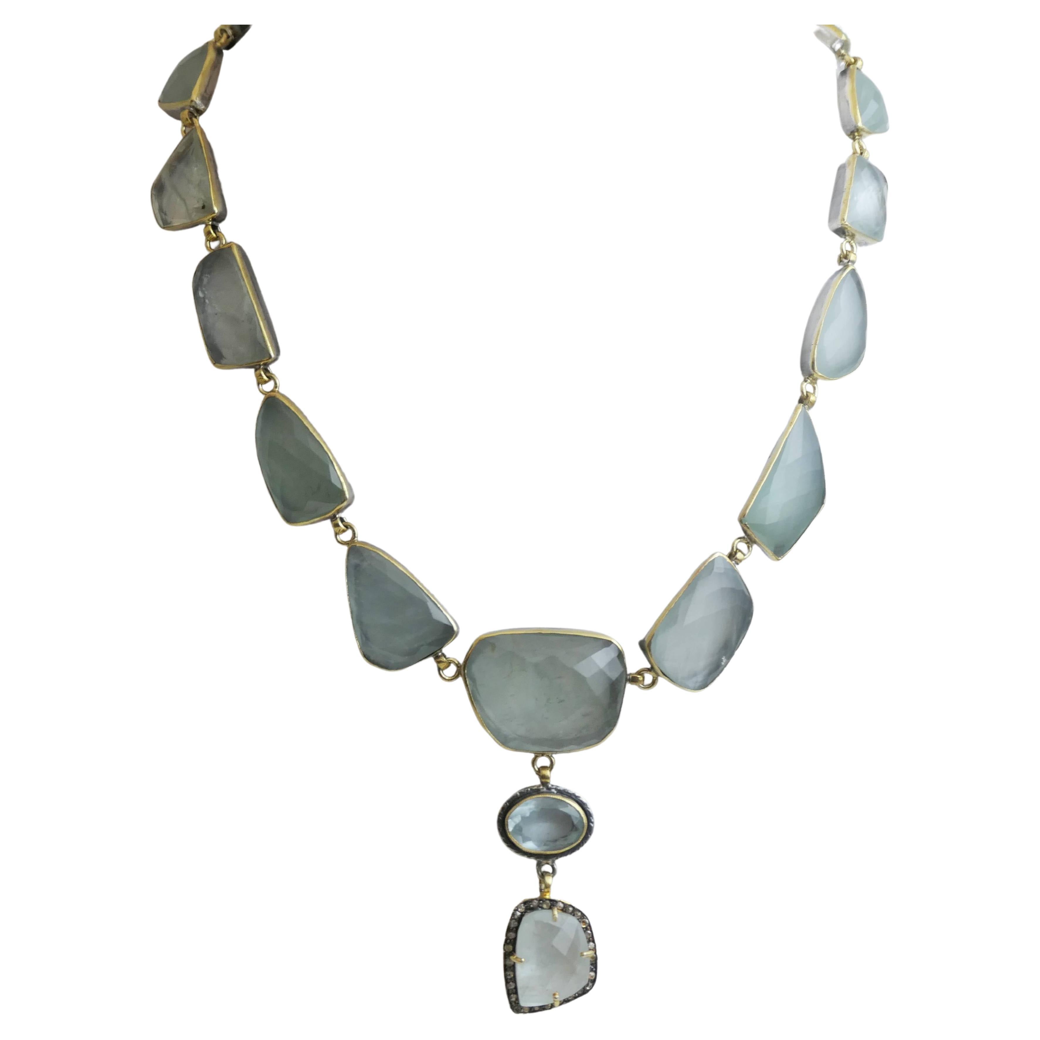 Aquamarine and Diamond Mixed Metal Sterling Silver Statement Necklace For Sale