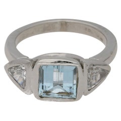 Vintage Aquamarine and Diamond Cocktail Engagement Ring in 18k White Gold