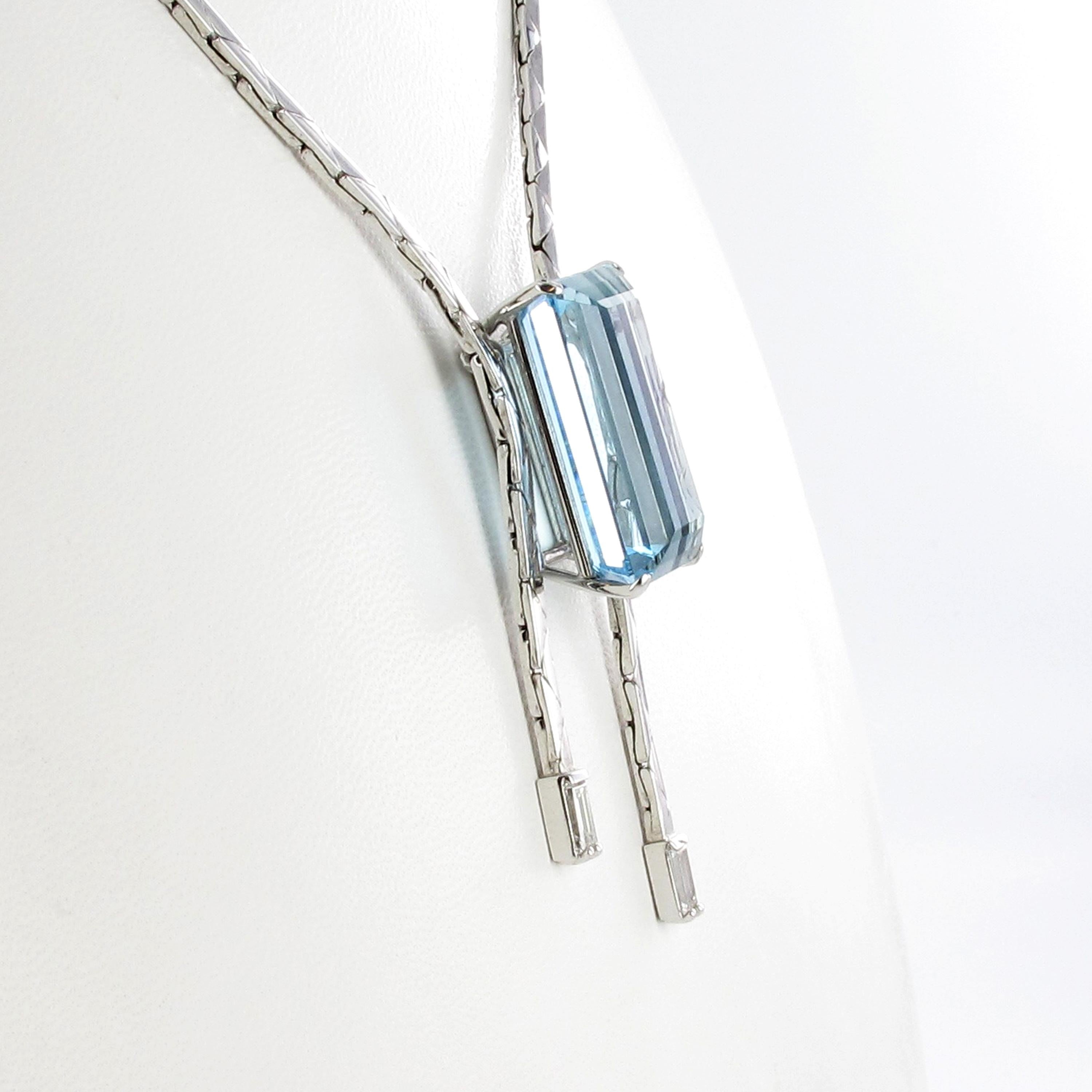 Emerald Cut Aquamarine and Diamond Necklace in 18 Karat White Gold