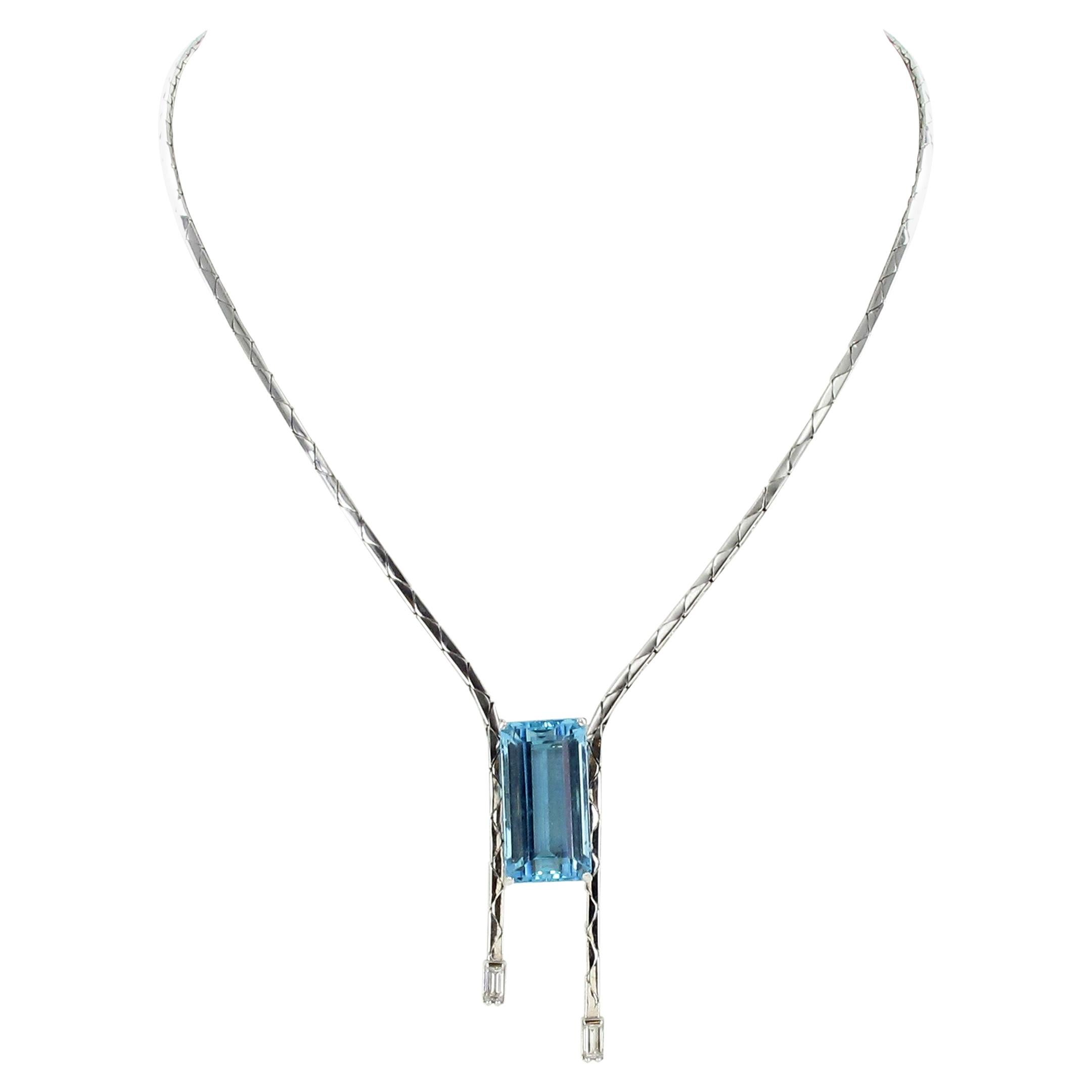 Aquamarine and Diamond Necklace in 18 Karat White Gold