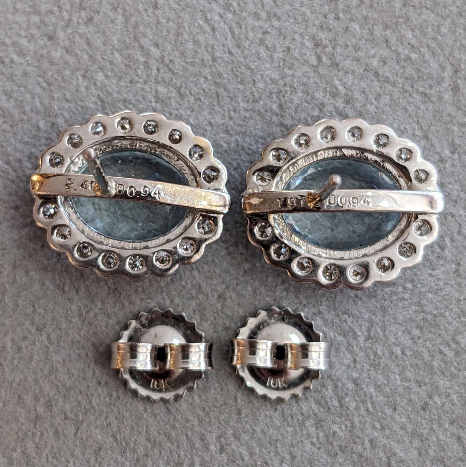 Women's Aquamarine and Diamond Oval Halo Earrings in 18k White Gold For Sale