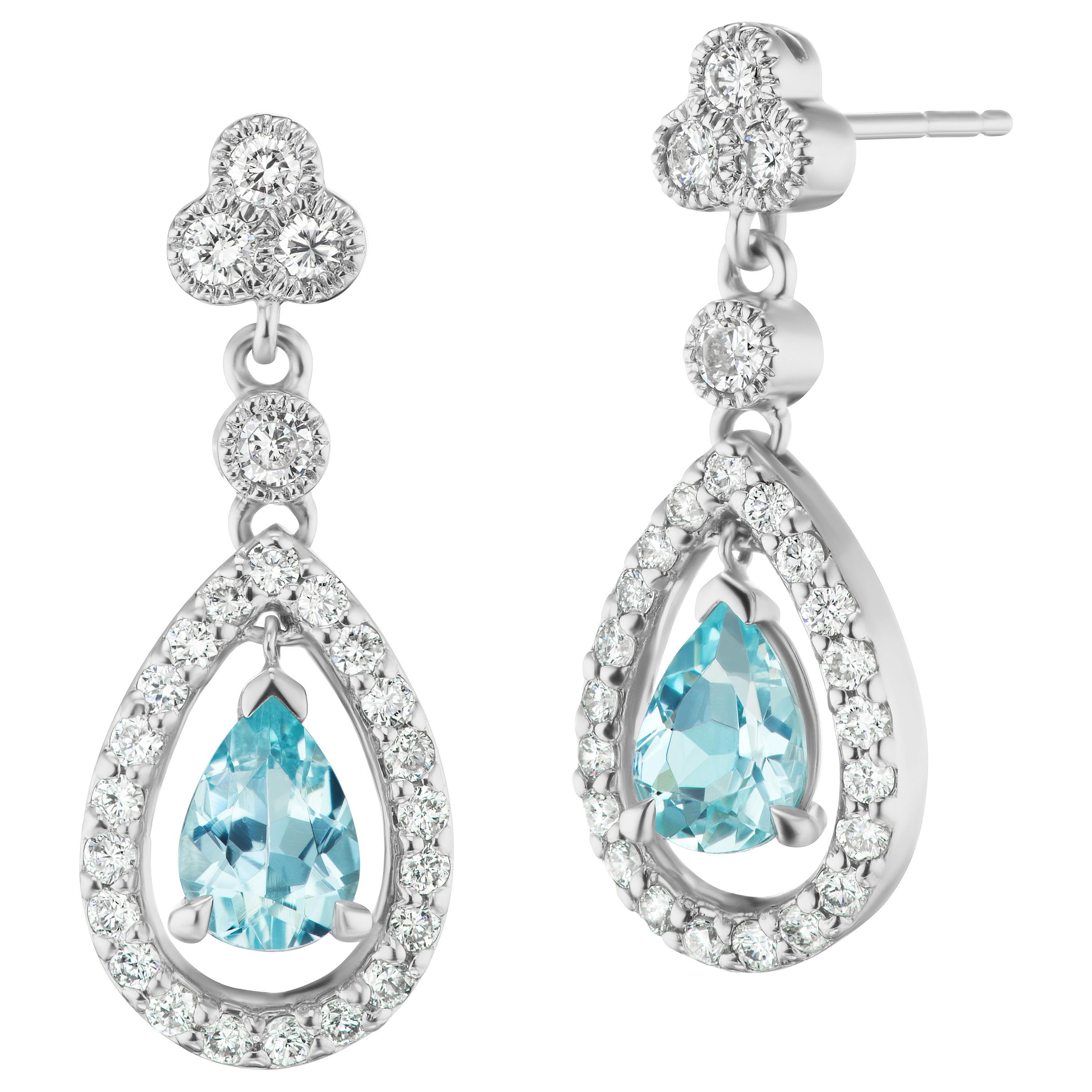 Conflict Free Aquamarine and Diamond Pear Shape Drop Earrings in 14 Karat For Sale