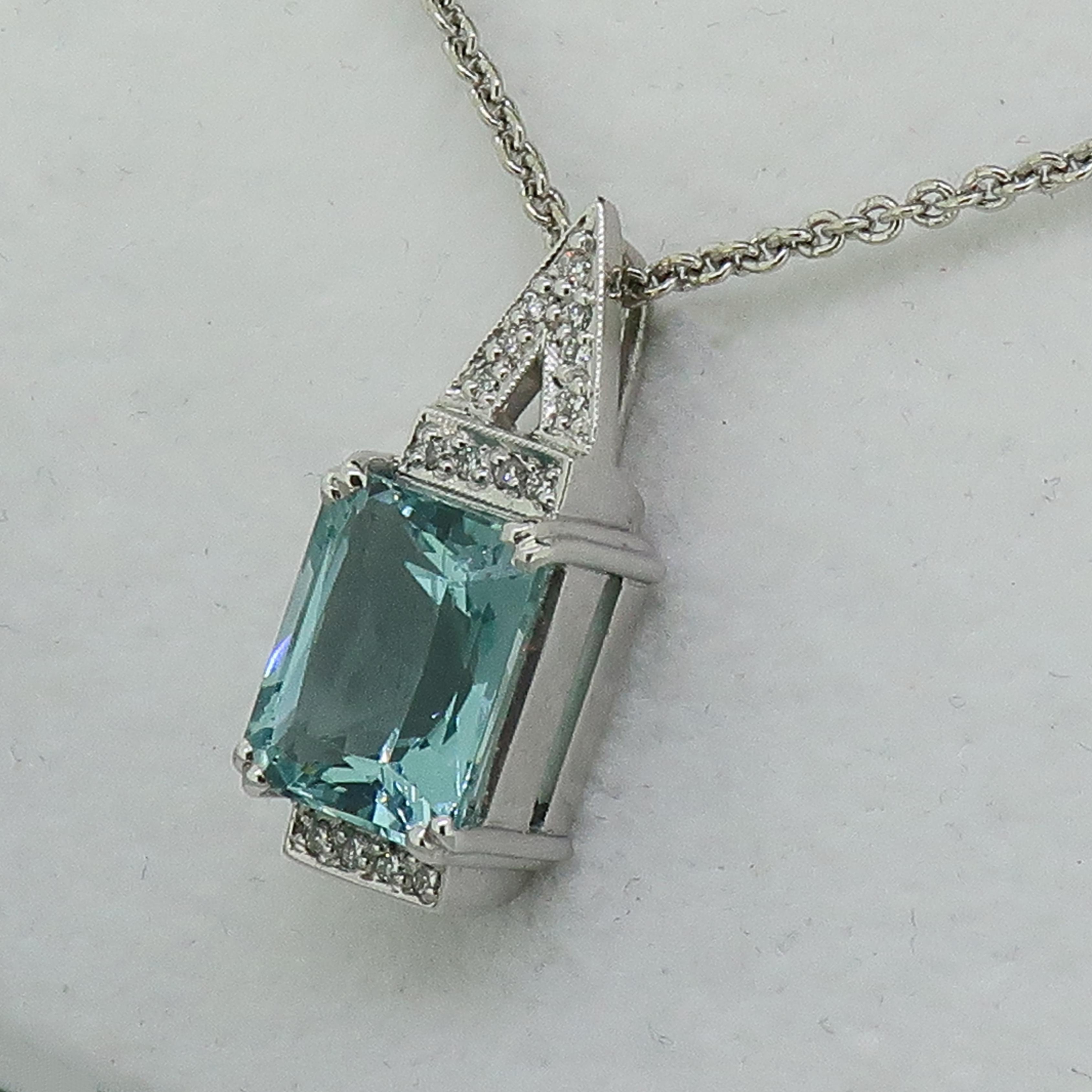 Radiant Cut Aquamarine and Diamond Pendant 18 Karat White Gold For Sale