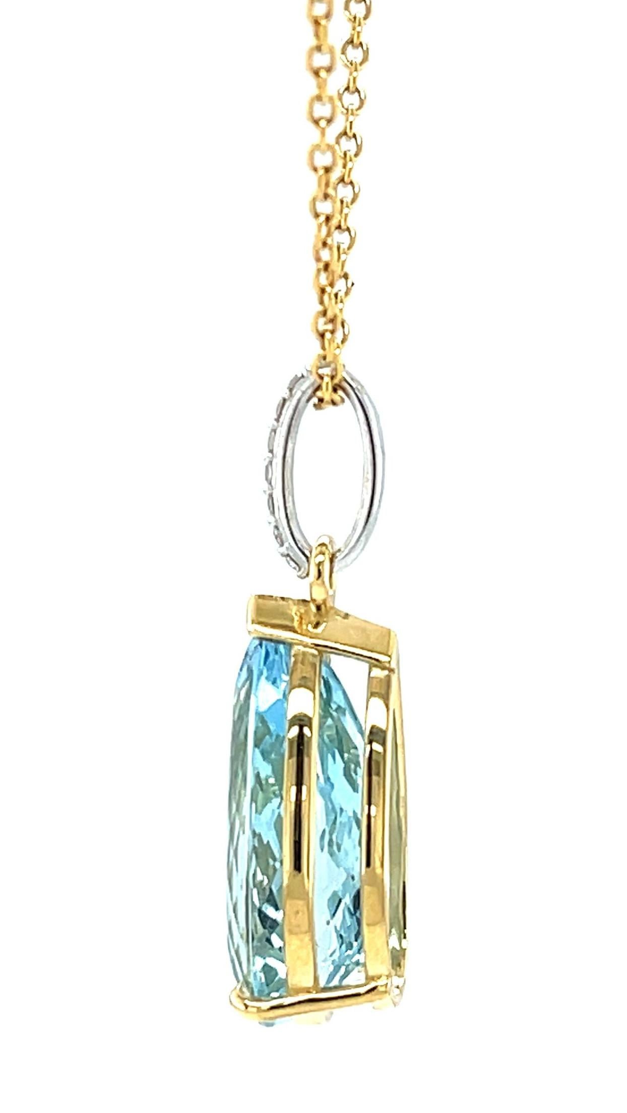 Artisan Aquamarine and Diamond Pendant, 8.28 Carats in 18k Yellow and White Gold For Sale