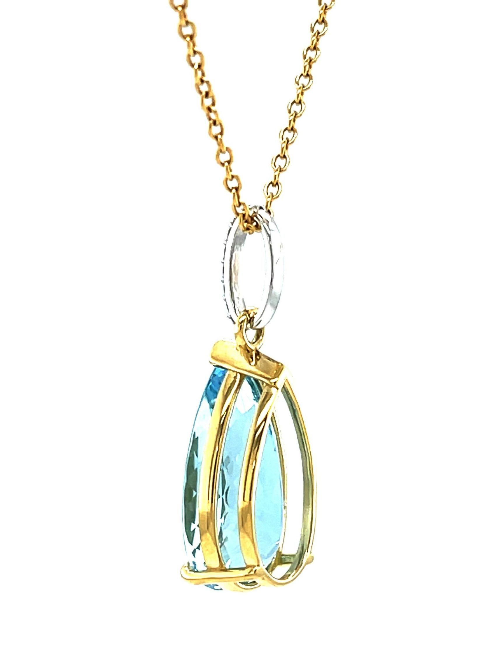 Pear Cut Aquamarine and Diamond Pendant, 8.28 Carats in 18k Yellow and White Gold For Sale