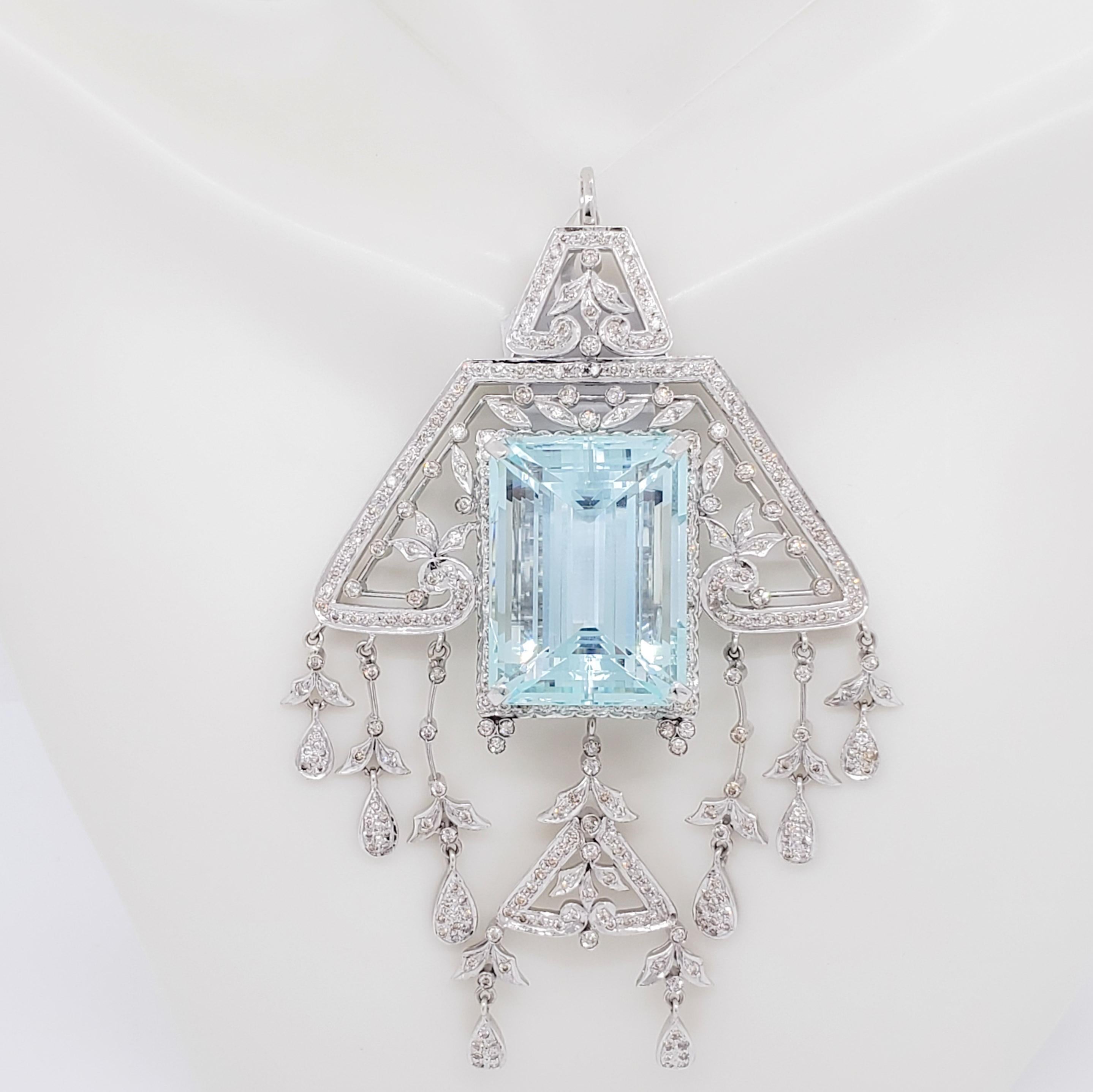 Emerald Cut Aquamarine and Diamond Pendant in 18k White Gold For Sale