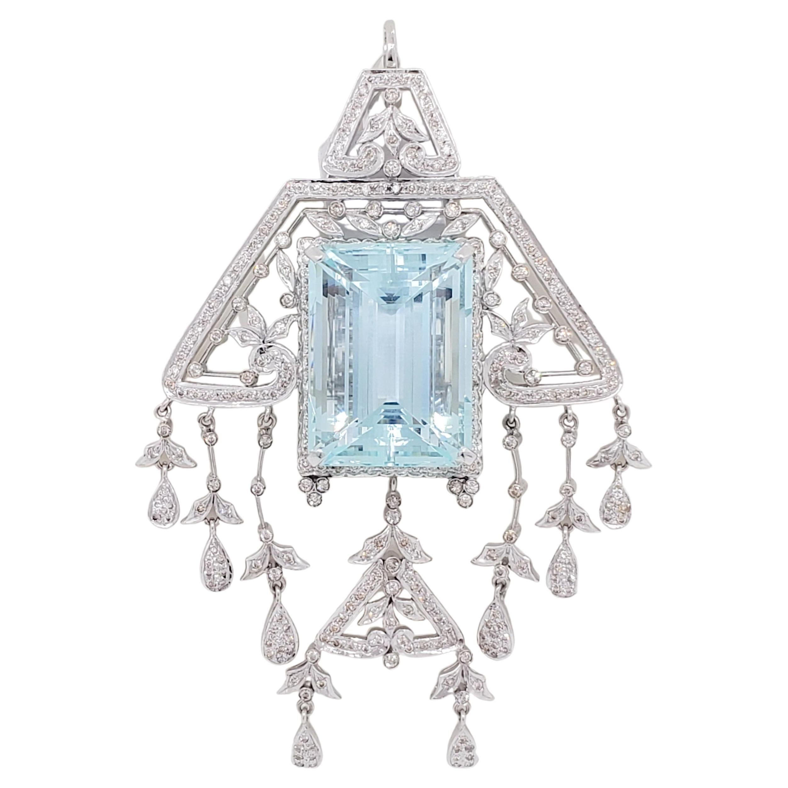 Aquamarine and Diamond Pendant in 18k White Gold For Sale