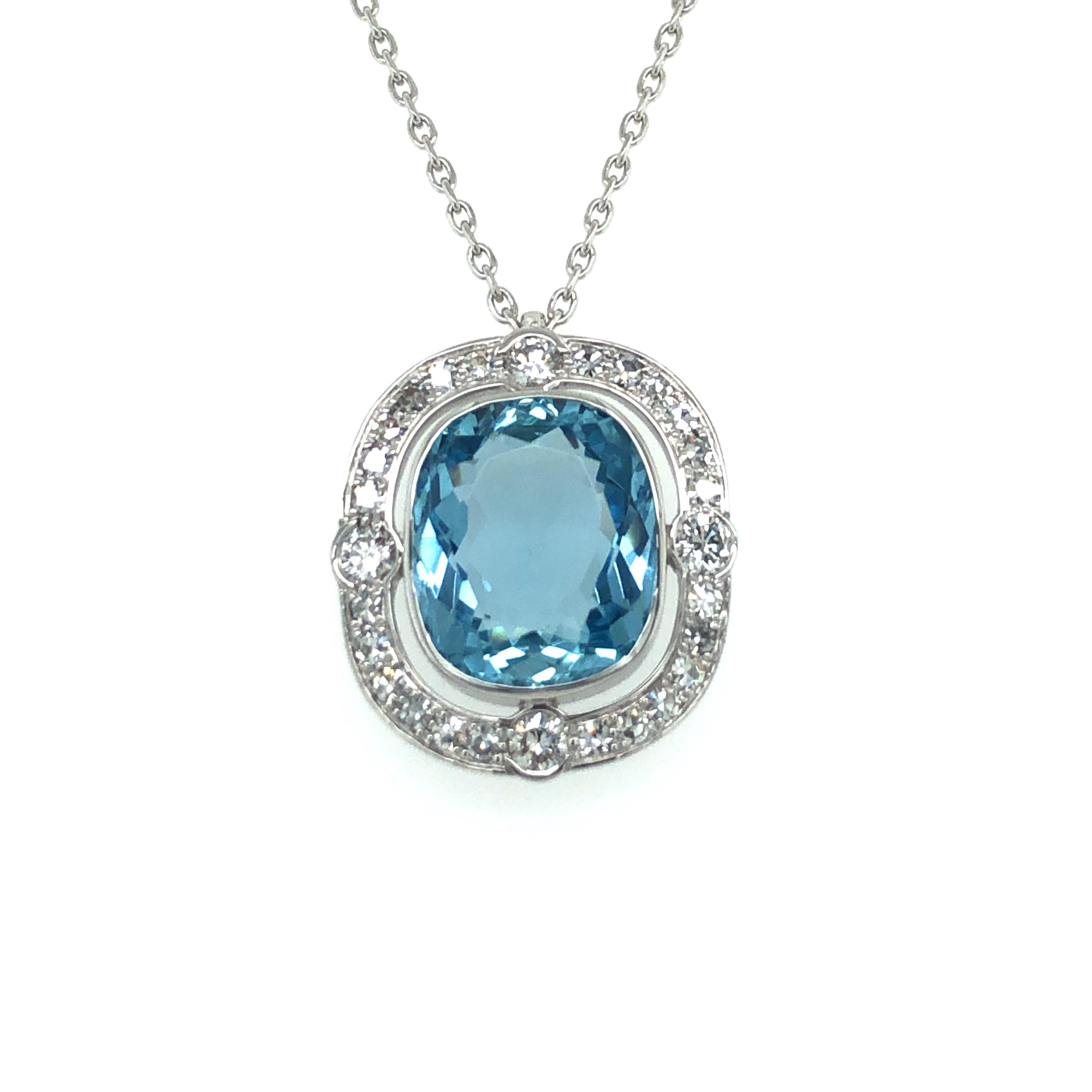 This elegant necklace features a beautiful cushion-cut aquamarine of approximately 6.00 carats. Surrounded by 4 brilliant-cut diamonds of G/H colour and vs clarity of approximately 0.30 carats total weight and 24 single-cut diamonds of G/H colour
