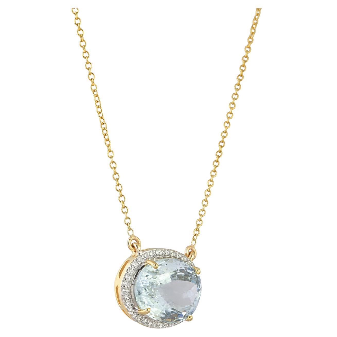 Aquamarine and Diamond Pendant with Chain in 14k Gold For Sale
