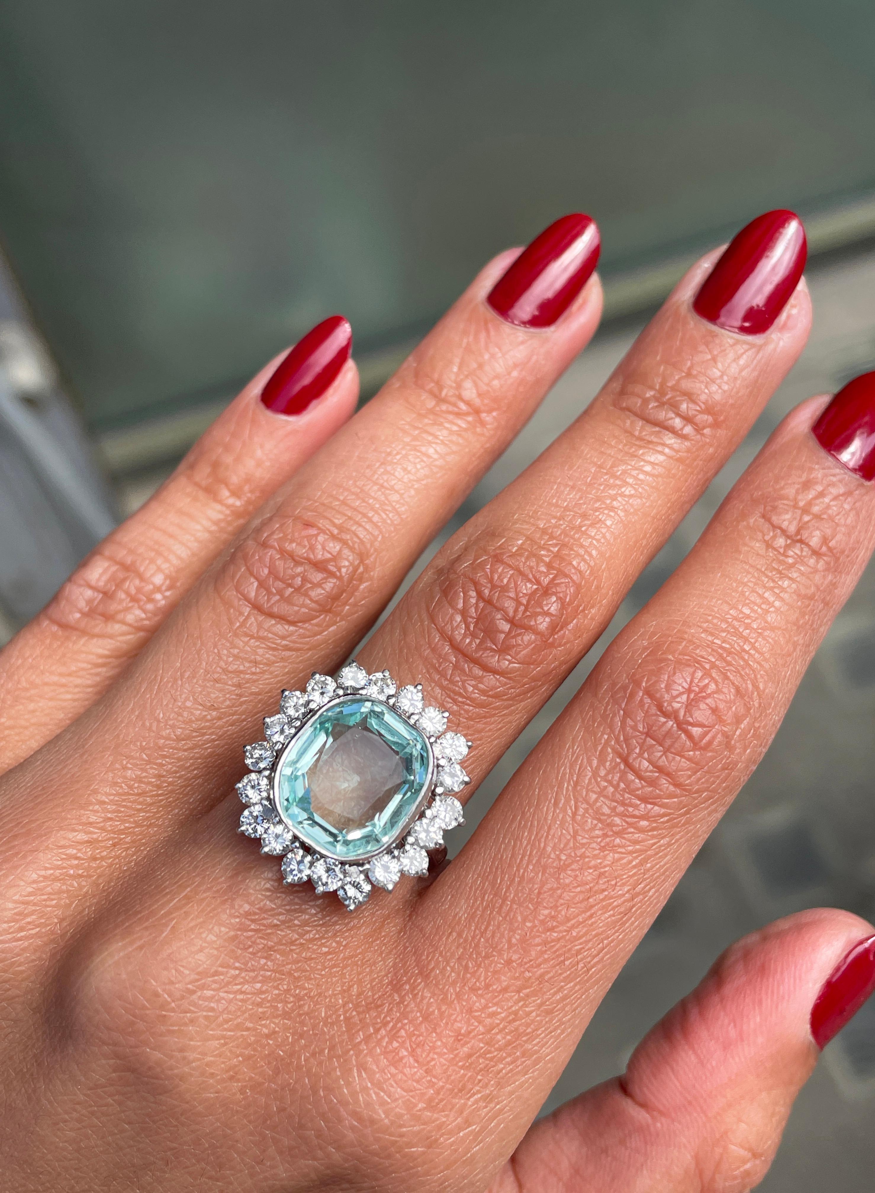 Modern Aquamarine and Diamond Platinum Cluster Dress Ring For Sale