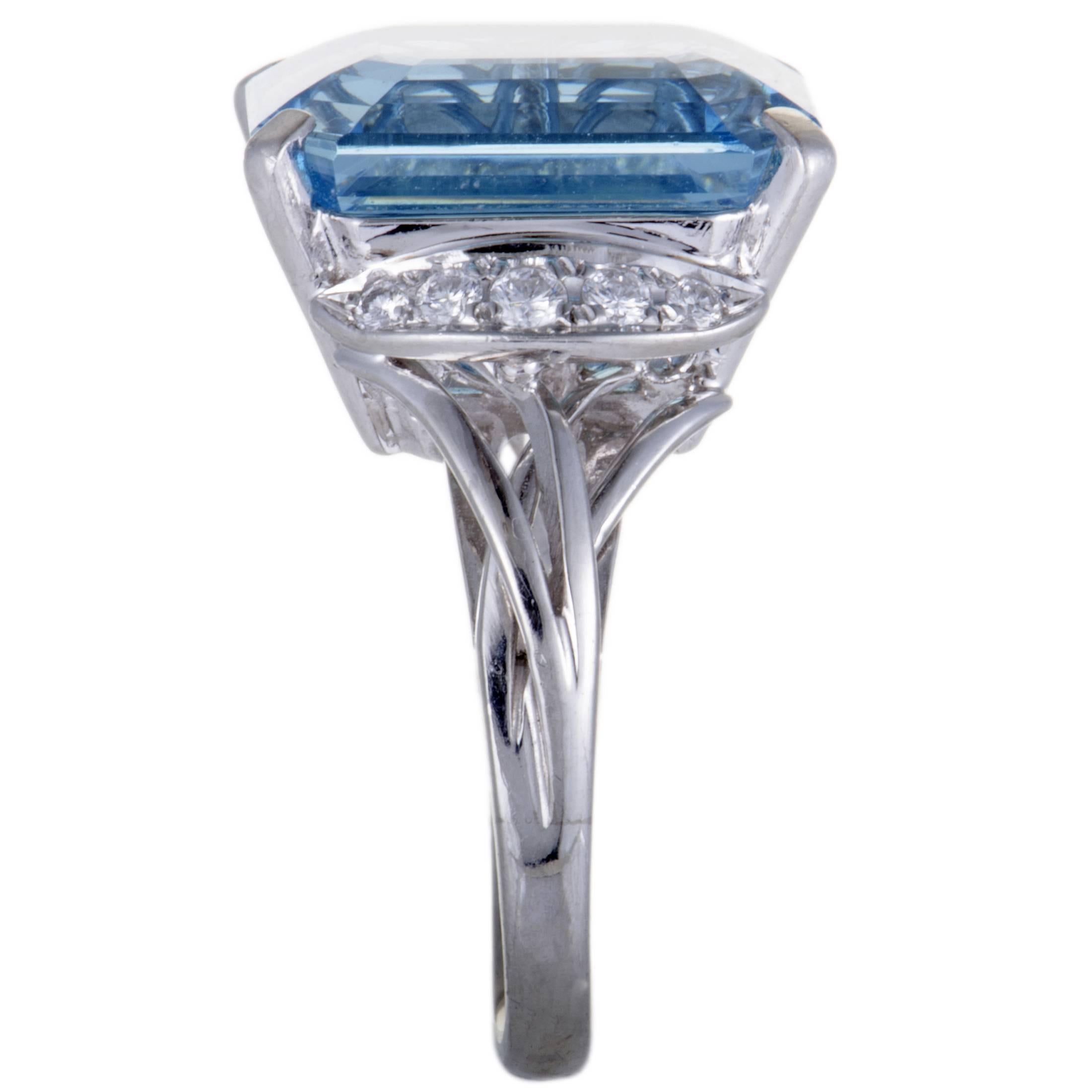 Emerald Cut Aquamarine and Diamond Platinum Cocktail Ring