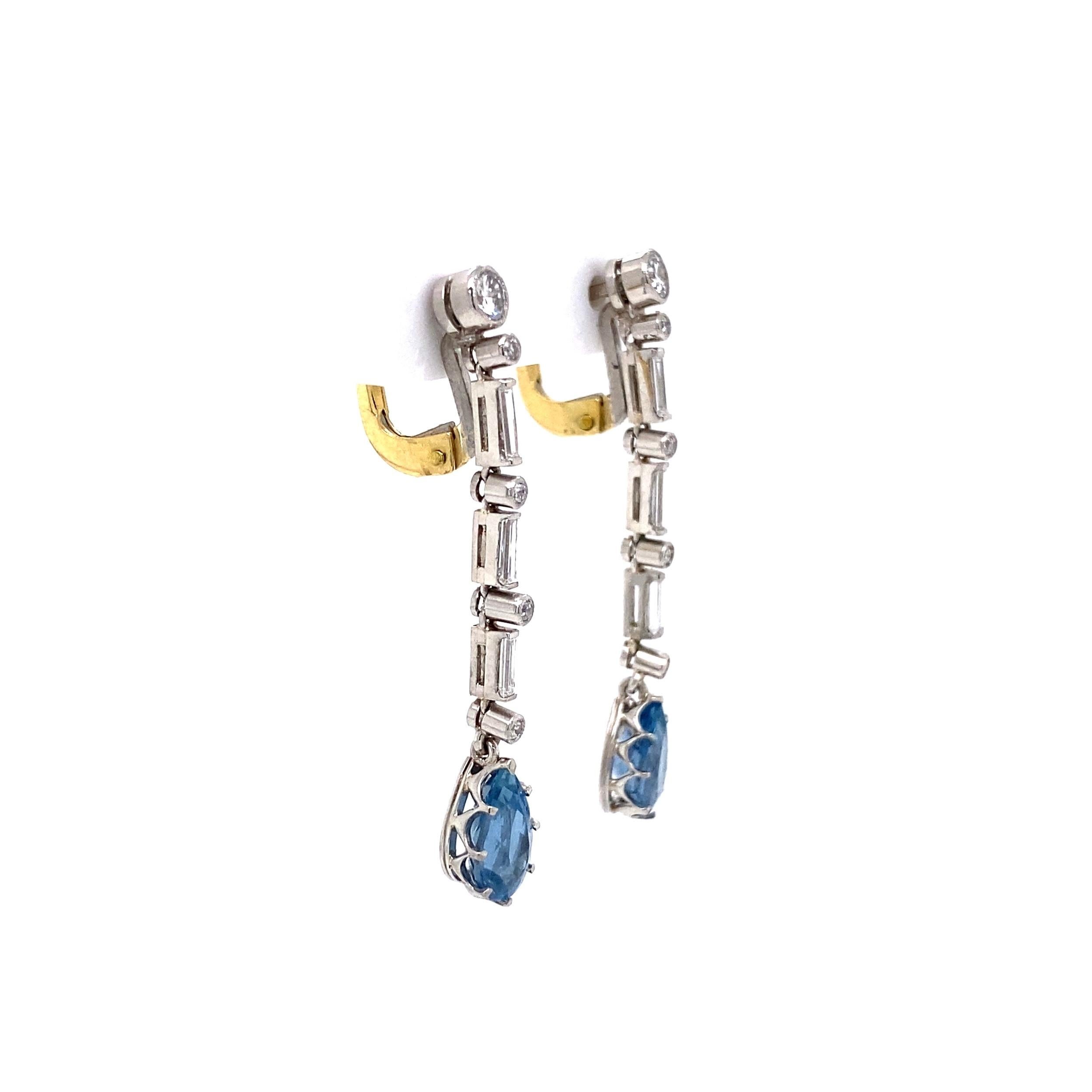 Mixed Cut Aquamarine and Diamond Platinum Drop Earrings Estate Fine Jewelry