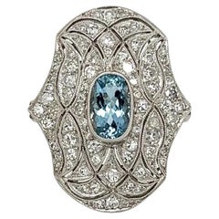 Aquamarine and Diamond Platinum Vintage Cocktail Ring Estate Fine Jewelry