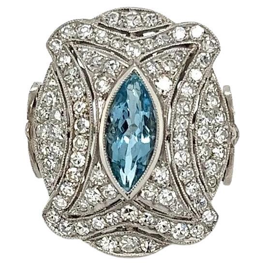 Aquamarine and Diamond Platinum Vintage Cocktail Ring Estate Fine Jewelry