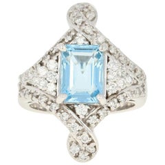 Vintage Aquamarine and Diamond Ring, 14 Karat White Gold Women's 3.00 Carat
