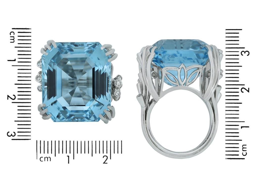 Emerald Cut Aquamarine and Diamond Ring, circa 1980 For Sale