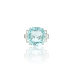 Art Deco 18K White Gold Aquamarine Diamond Ring, 18.13 Carats, Belgium
