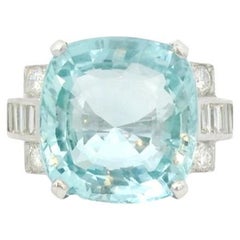 Art Deco 18K White Gold Aquamarine Diamond Ring, 18.13 Carats, Belgium