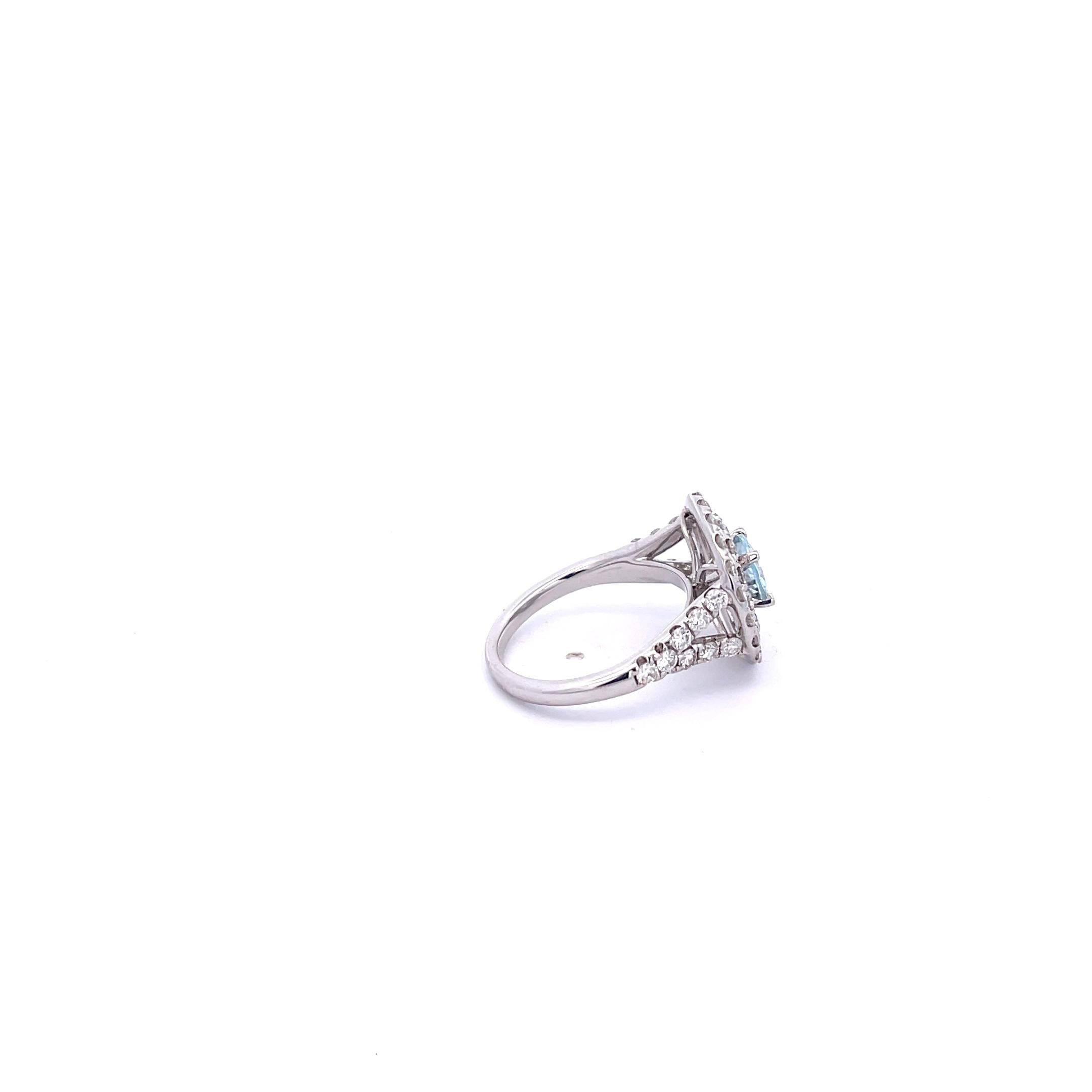 Round Cut Aquamarine and Diamond Ring in 14K White Gold For Sale