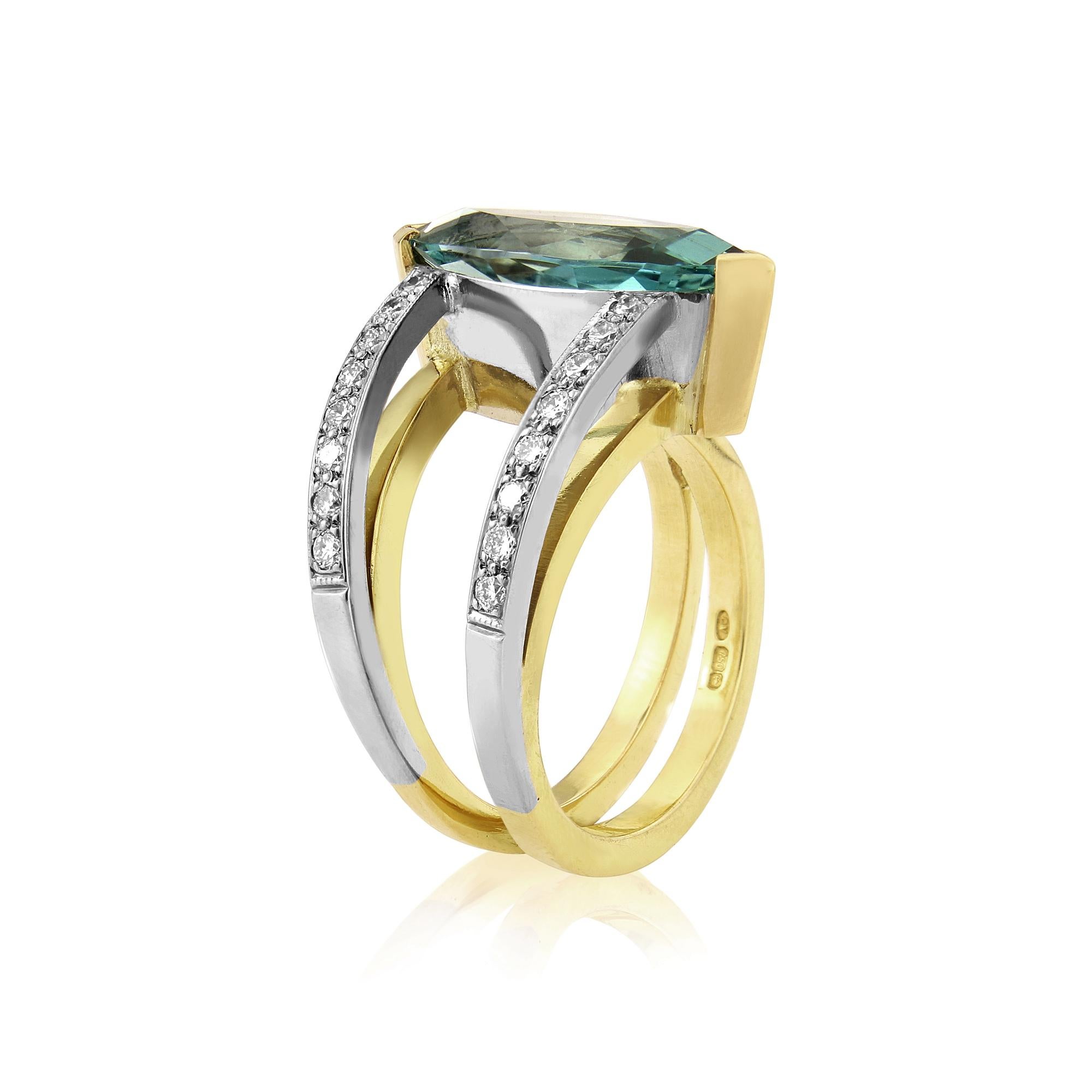 Aquamarine and Diamond dress ring in 18ct yellow and white gold. This ring is stunning, the aquamarine has been diamond cut and the colour is amazing just what it should be
Aquamarine is 3.00ct
Diamond fvvs approx weight 0.35ct
ring size N 1/2
THIS