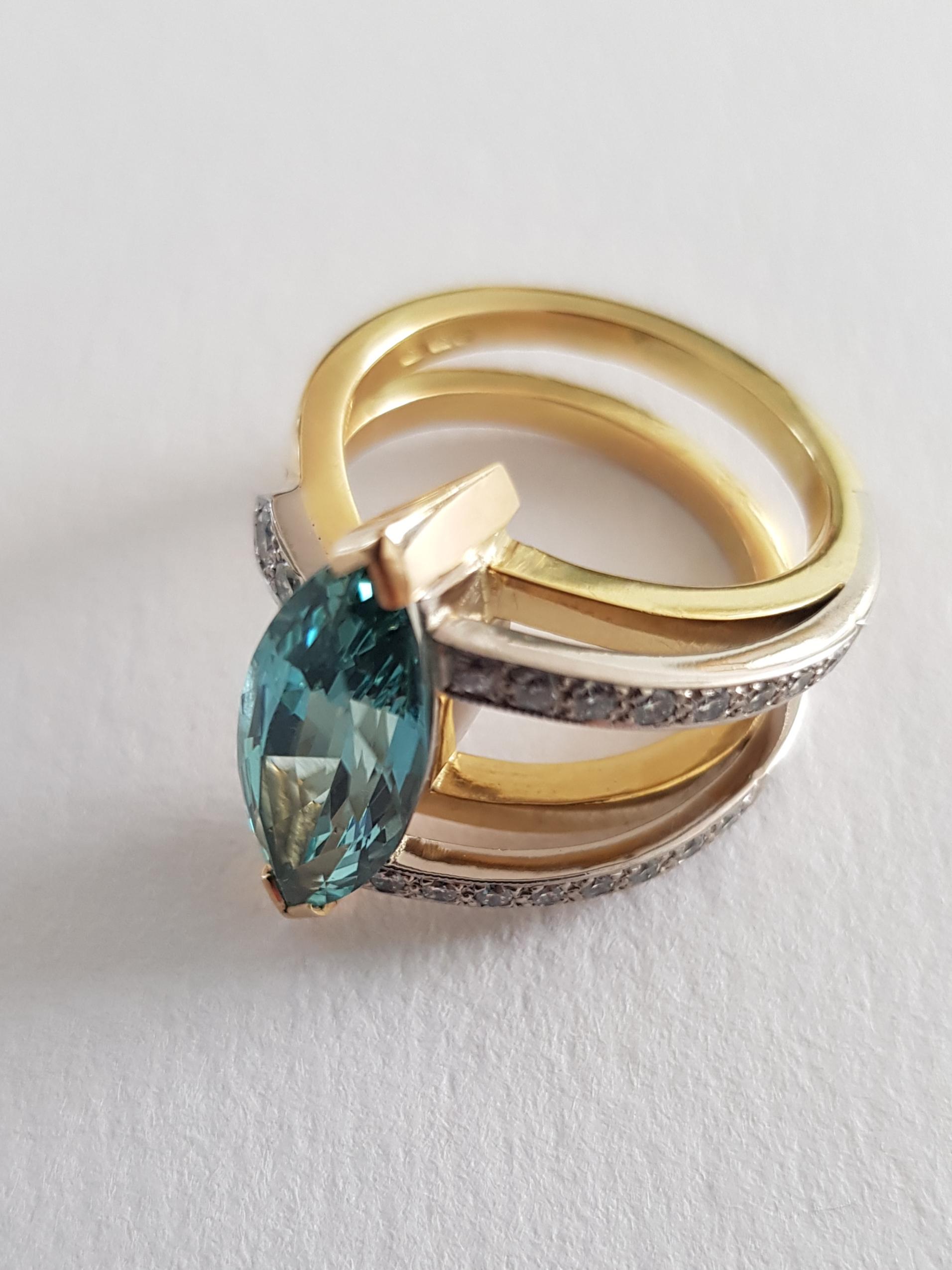 Marquise Cut Aquamarine and Diamond Ring in 18 Carat Yellow and 18 Carat White Gold For Sale